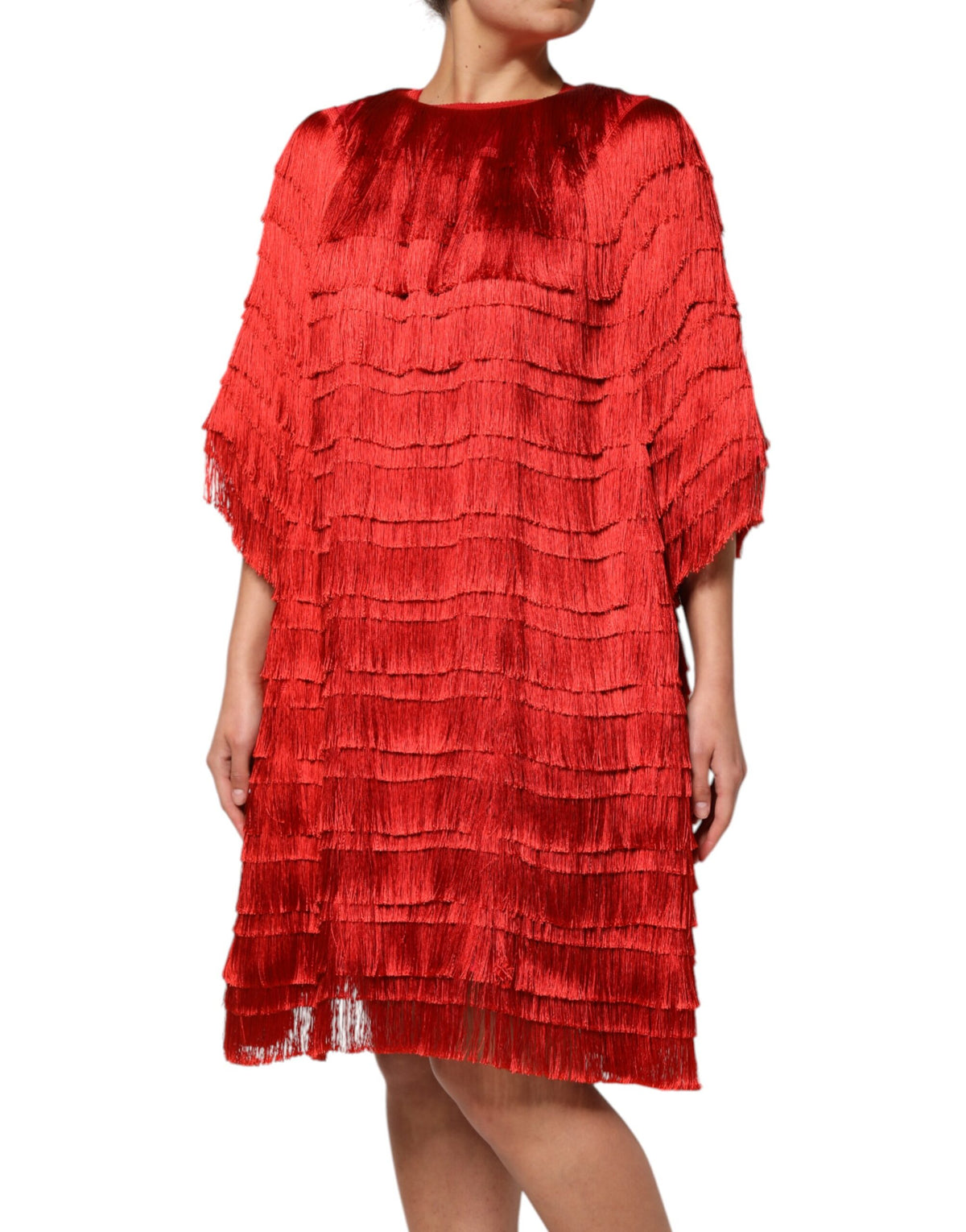 Dolce & Gabbana Rotes knielanges Kleid aus Seide mit Fransen