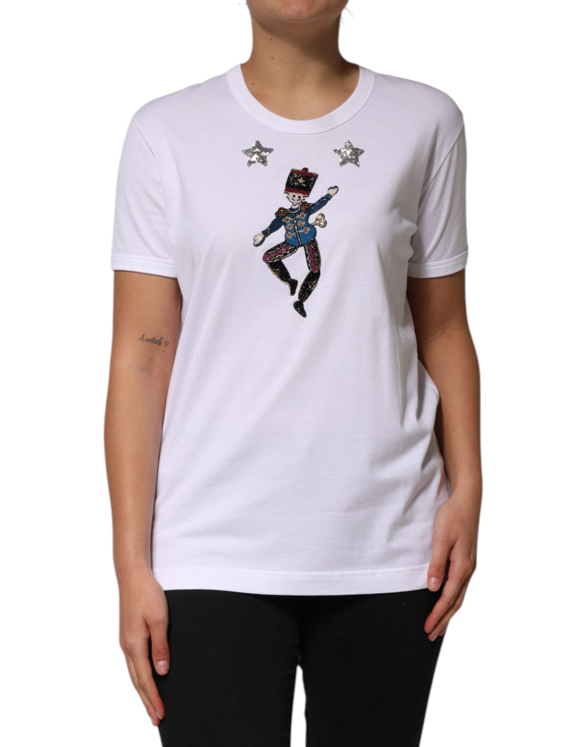 Dolce & Gabbana Weißes Baumwoll-T-Shirt mit Paillettenverzierung