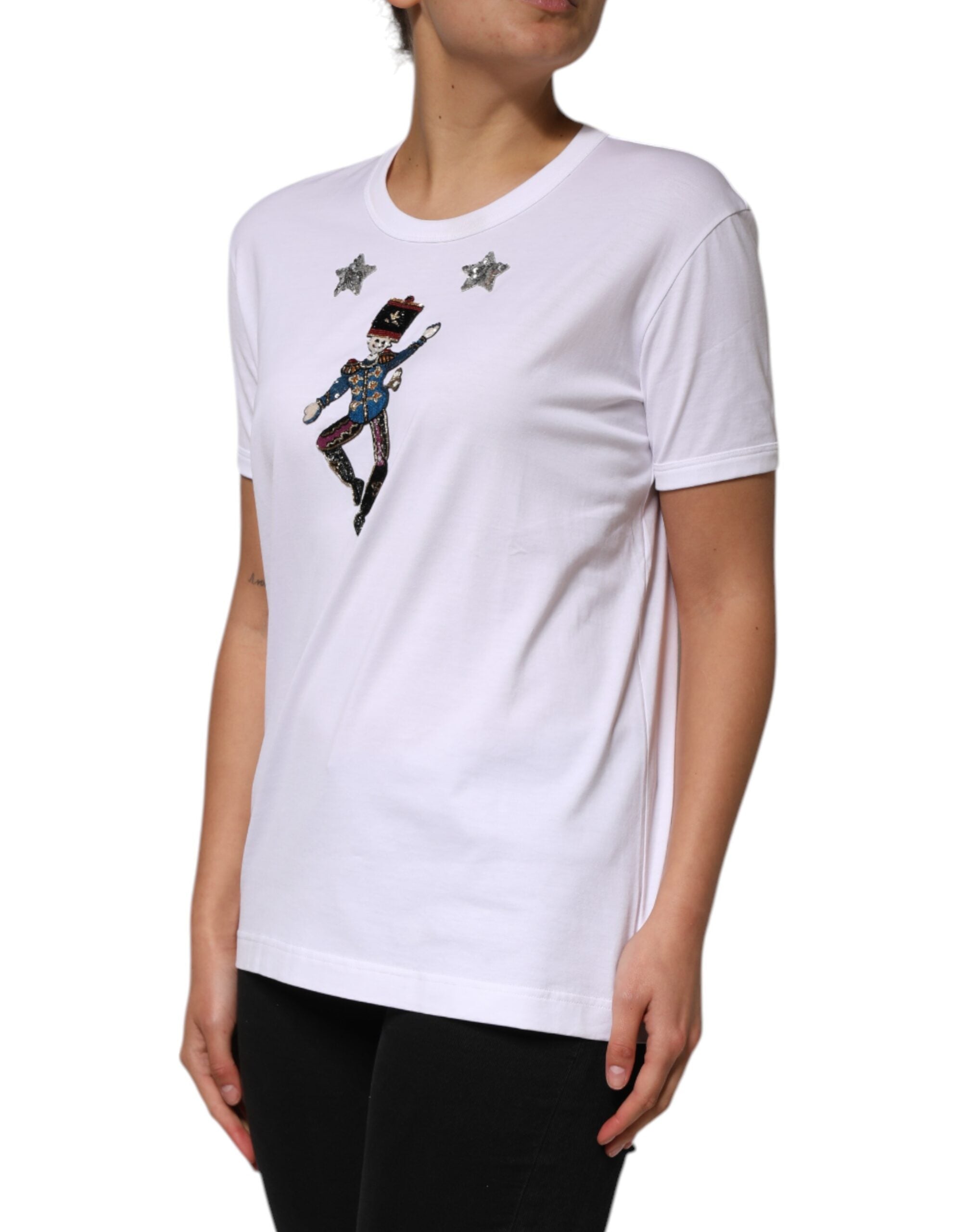 Dolce & Gabbana Weißes Baumwoll-T-Shirt mit Paillettenverzierung