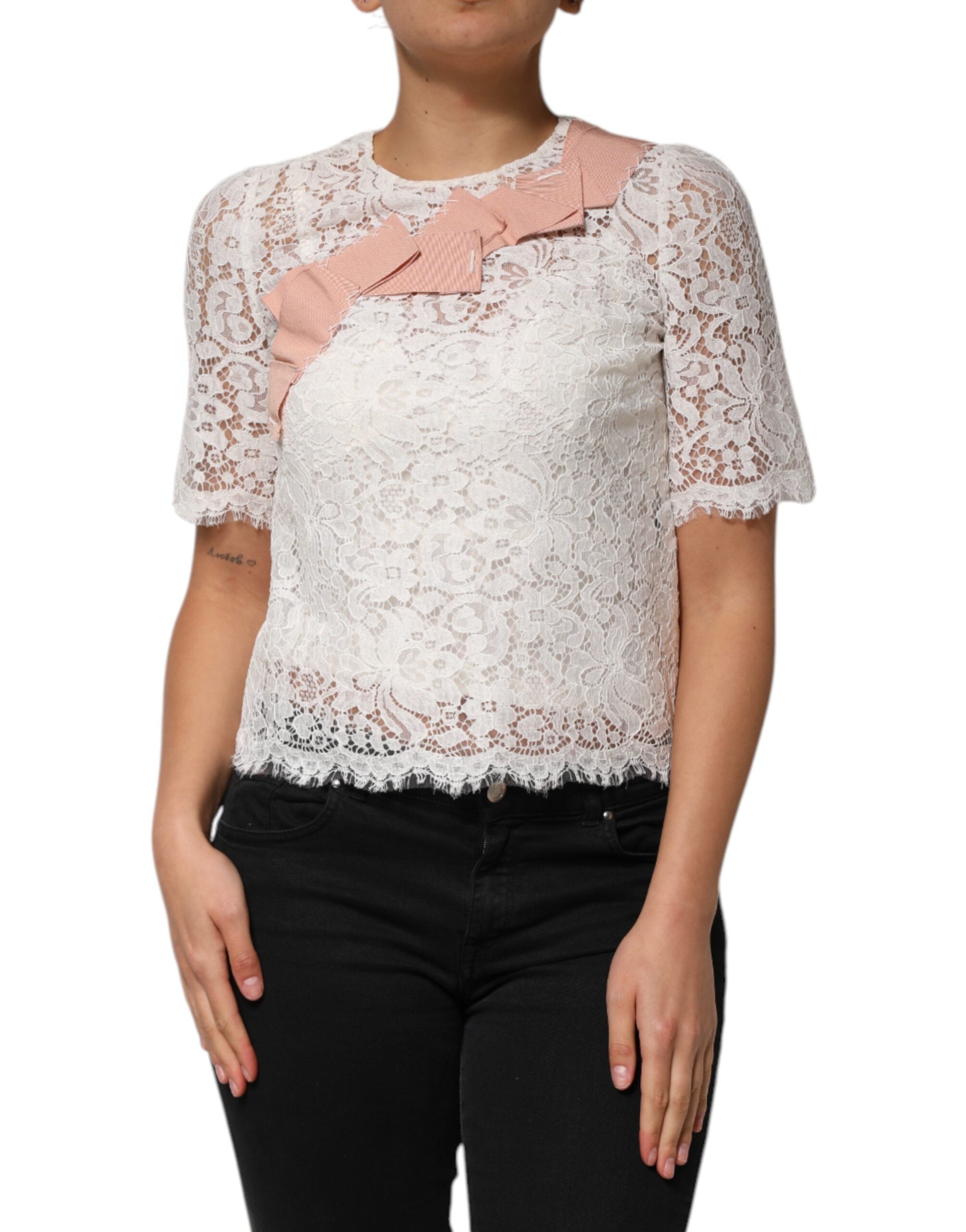 Dolce & Gabbana Weißes Blusentop mit floraler Spitze und kurzen Ärmeln