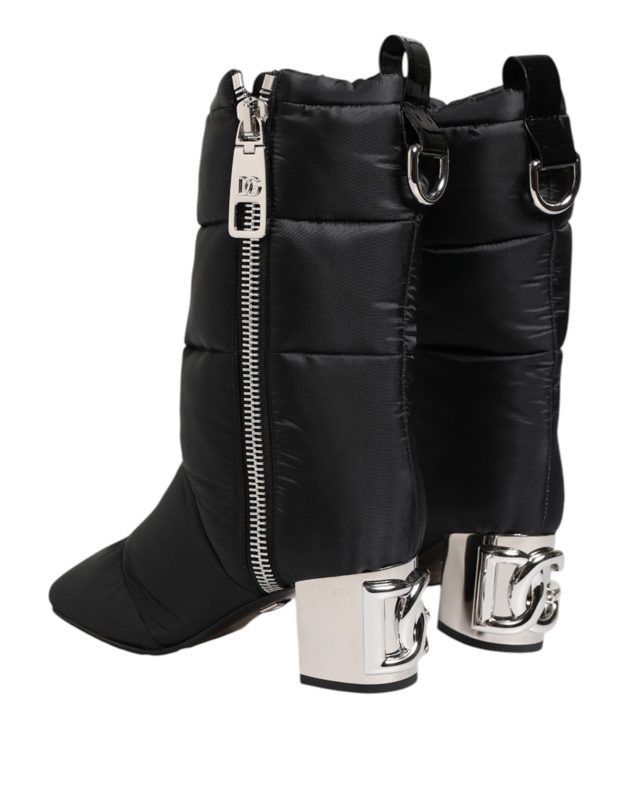 Dolce & Gabbana Schwarz gepolsterte Mid Calf Logo Heel Stiefel Schuhe