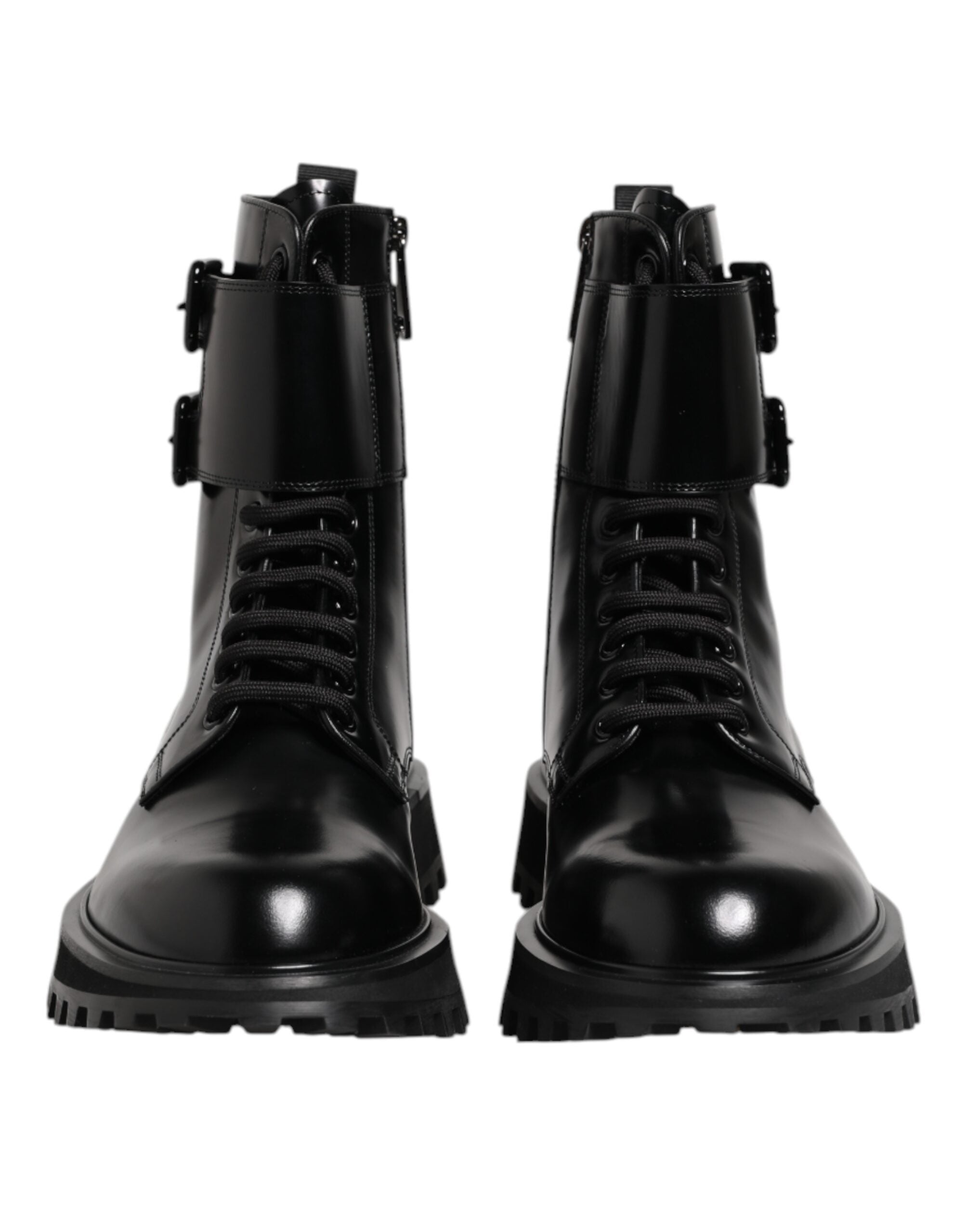 Dolce & Gabbana Schwarze Leder-Schnürstiefel bis zur Mitte der Wade