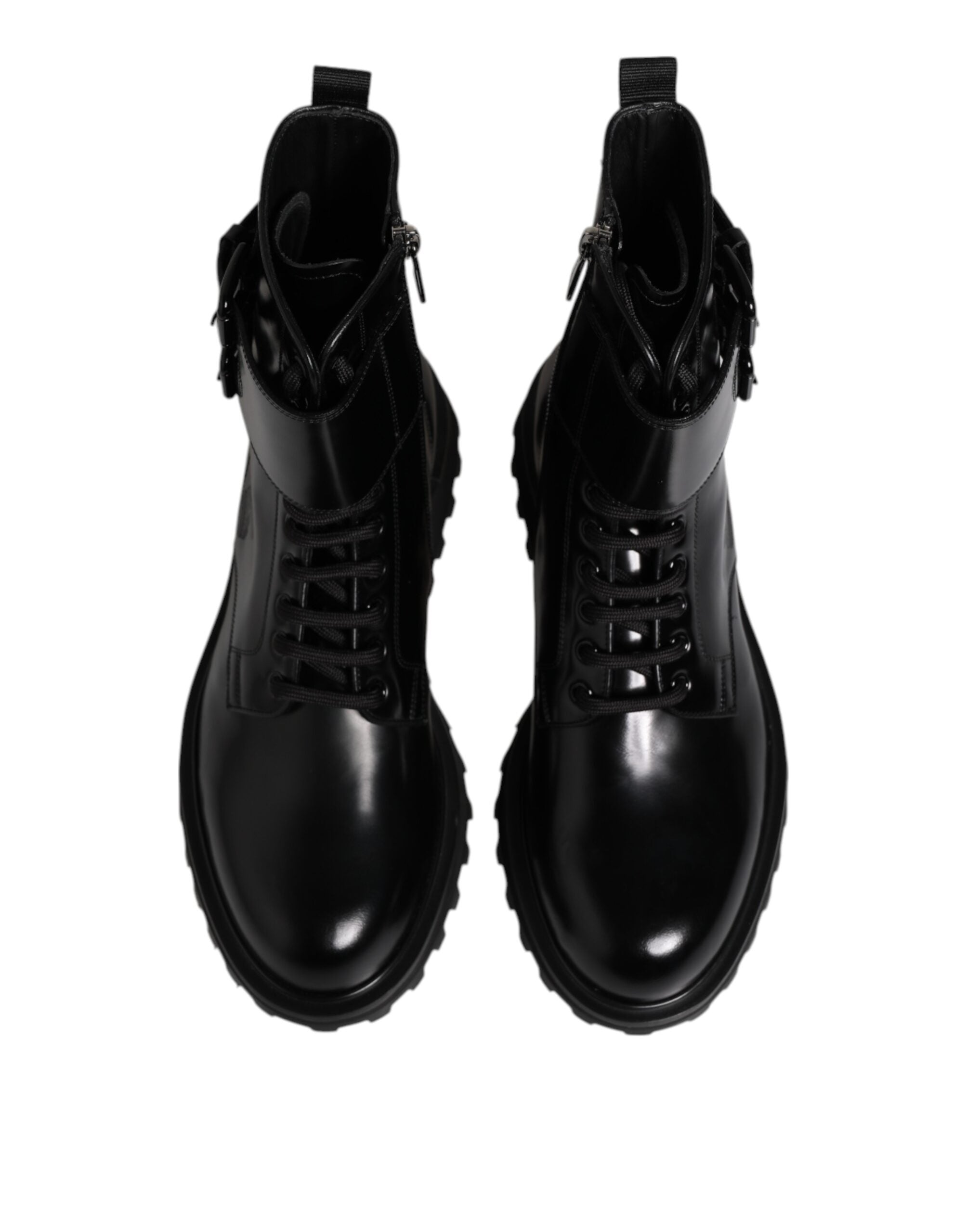 Dolce & Gabbana Schwarze Leder-Schnürstiefel bis zur Mitte der Wade