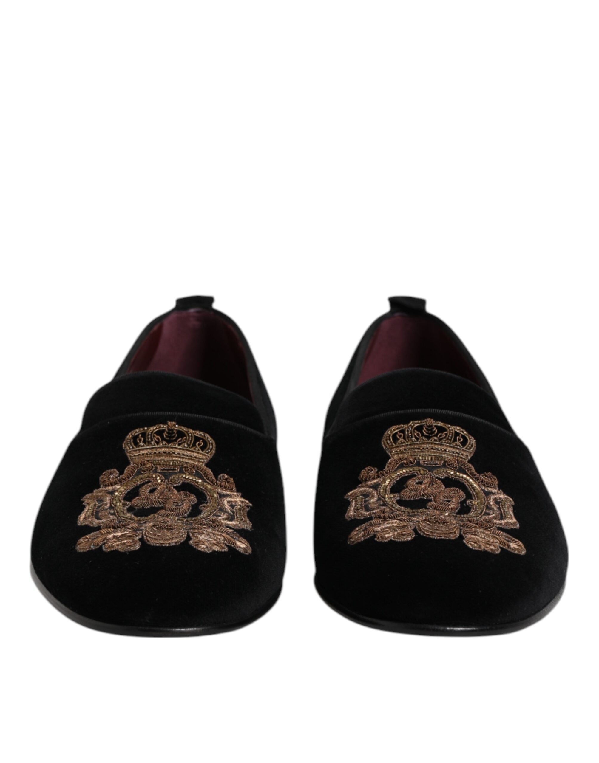 Dolce & Gabbana Schwarze Samt-Goldkrone Herren-Loafer