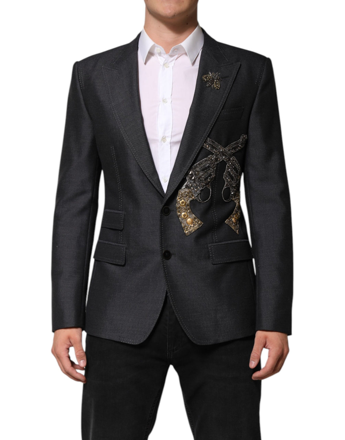 Dolce & Gabbana Dunkelgrauer Wollmantel mit Bienenstickerei Blazer