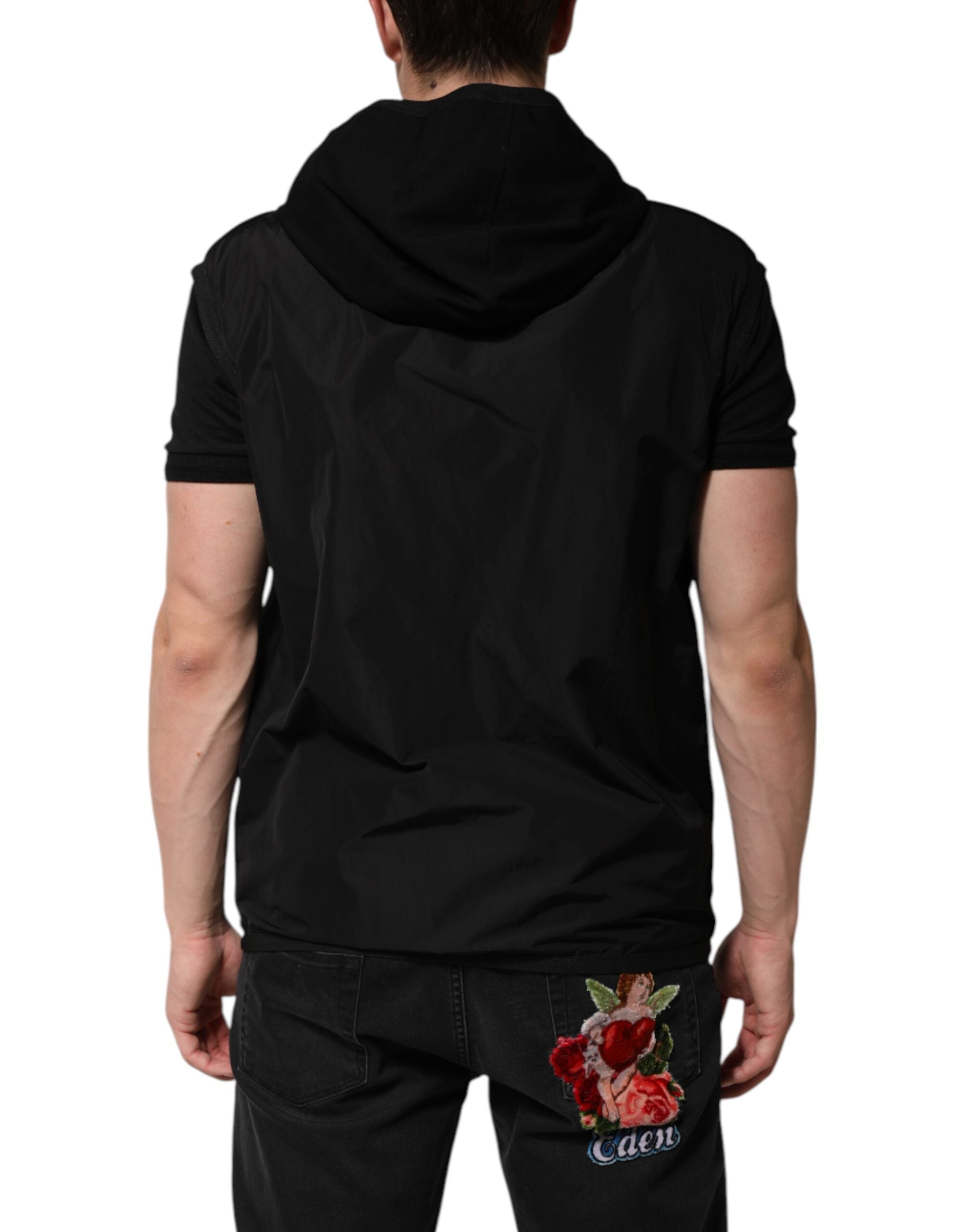 Dolce & Gabbana Schwarze ärmellose Jacke mit Kapuze und Logo-Plakette
