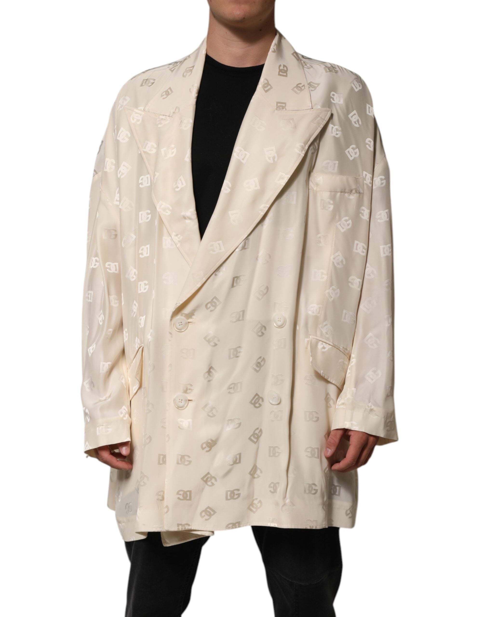Dolce & Gabbana Beige Polyester Logo Monogramm Mantel Jacke
