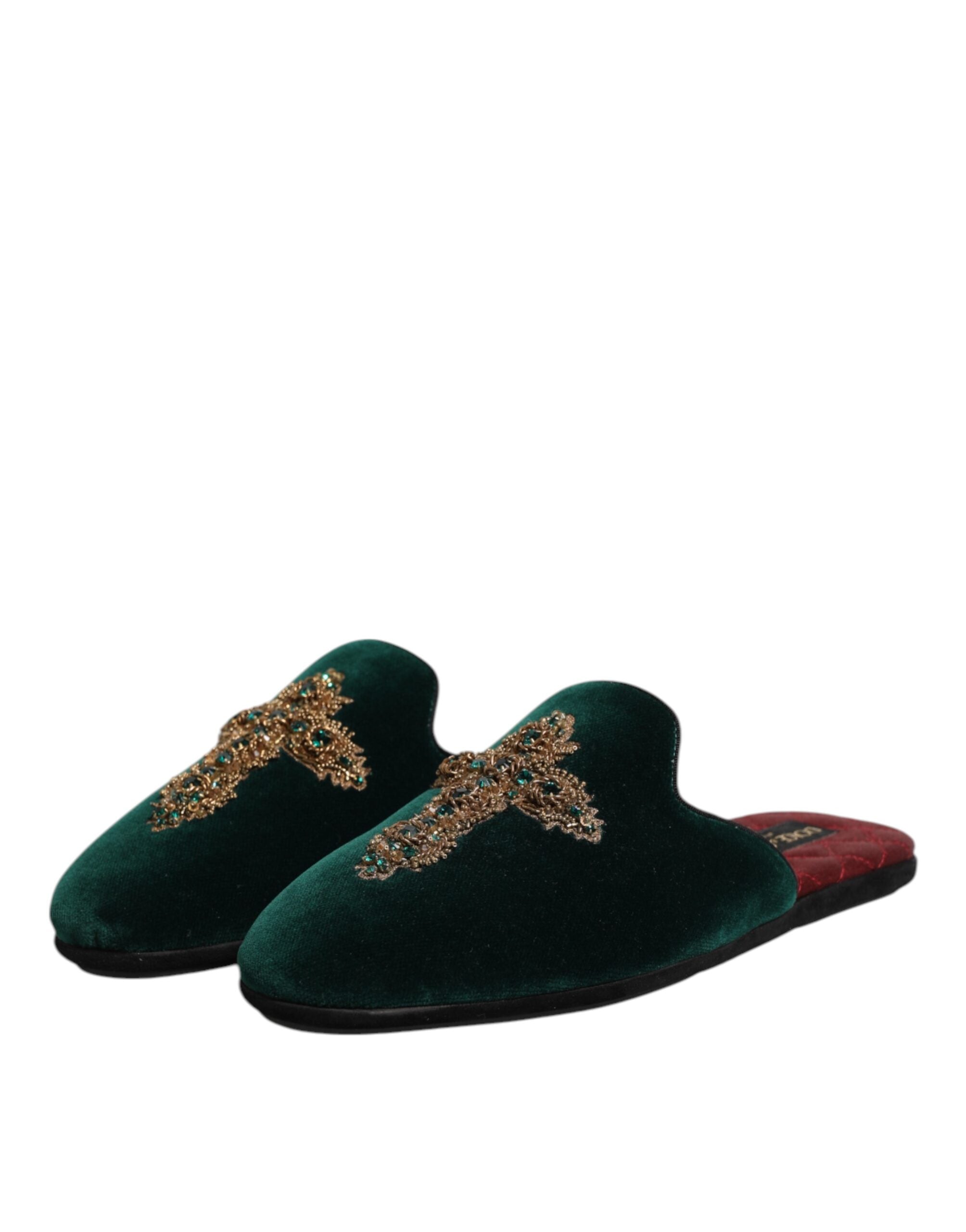 Dolce & Gabbana Grüner Samt Kreuz verschönert Pantoffeln Schuhe