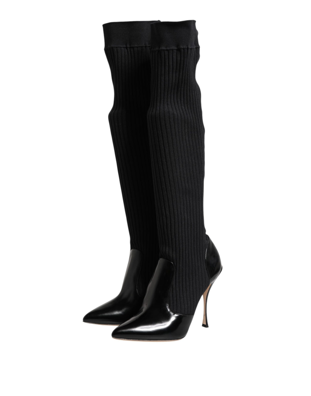 Dolce & Gabbana Schwarze Leder Rippenstrick-Kniestiefel Schuhe