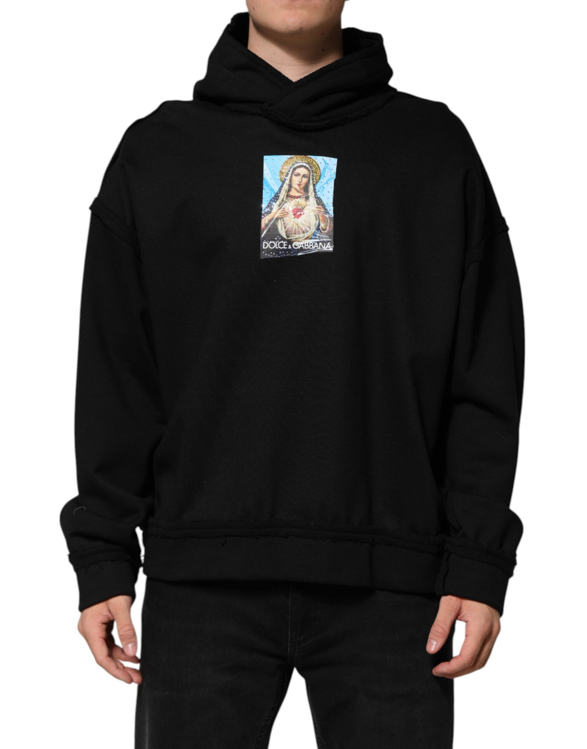 Dolce & Gabbana Schwarzer bedruckter Kapuzenpulli mit Kristallen verschönerte Jacke