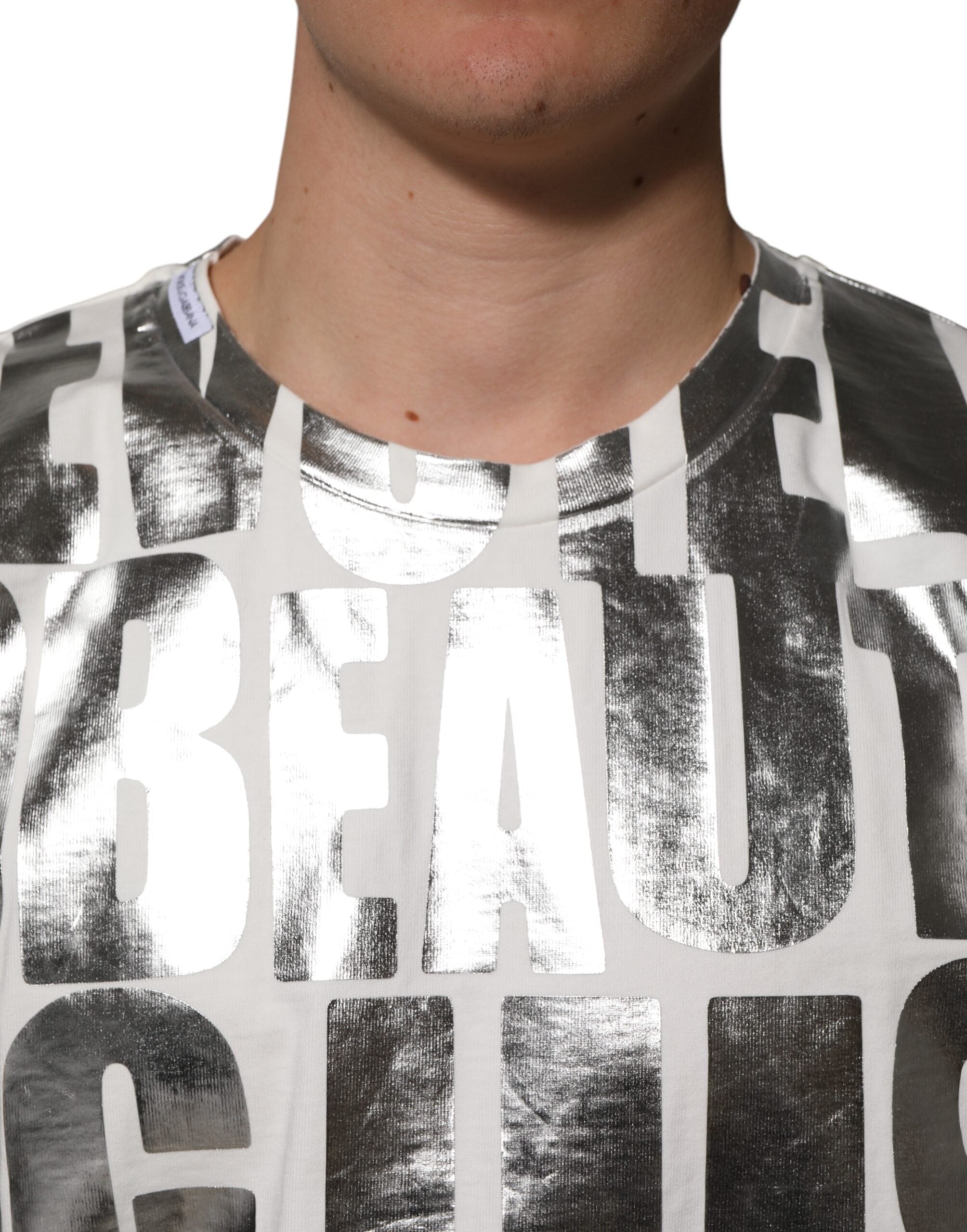 Dolce & Gabbana Weißes Baumwoll-T-Shirt mit silbernem Metallic-Slogan-Aufdruck