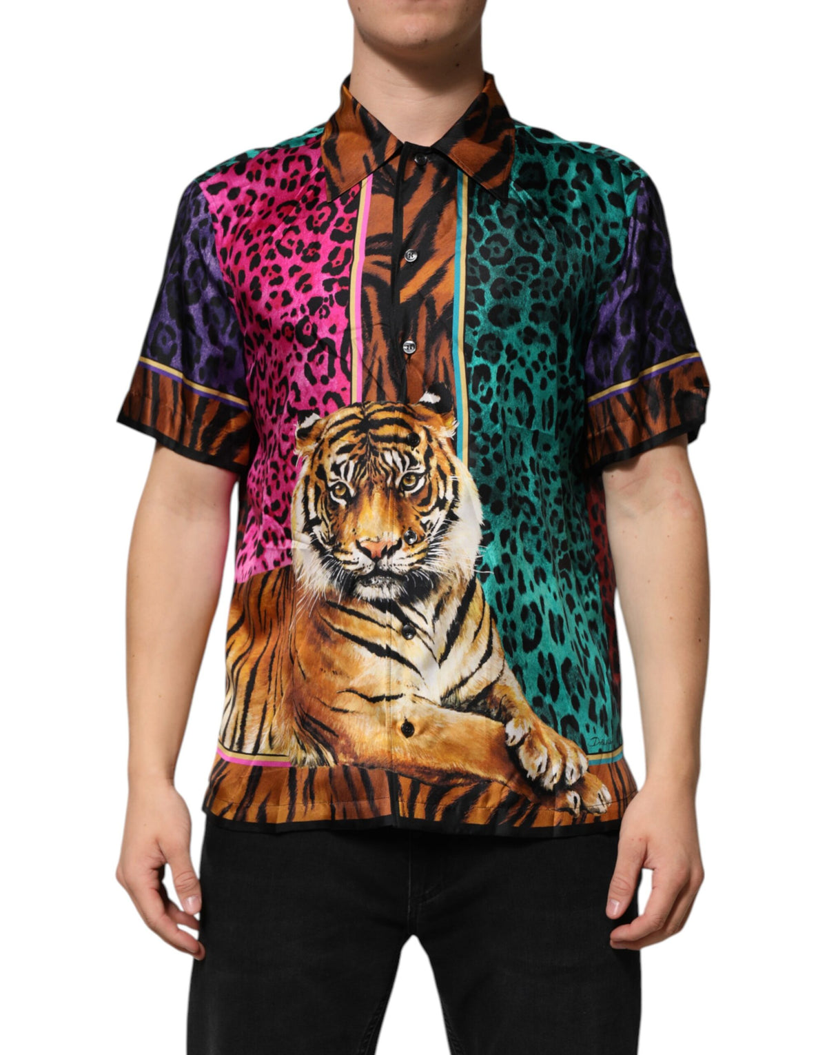 Dolce & Gabbana Mehrfarbiges Tiger-T-Shirt aus Seide mit Hawaii-Print