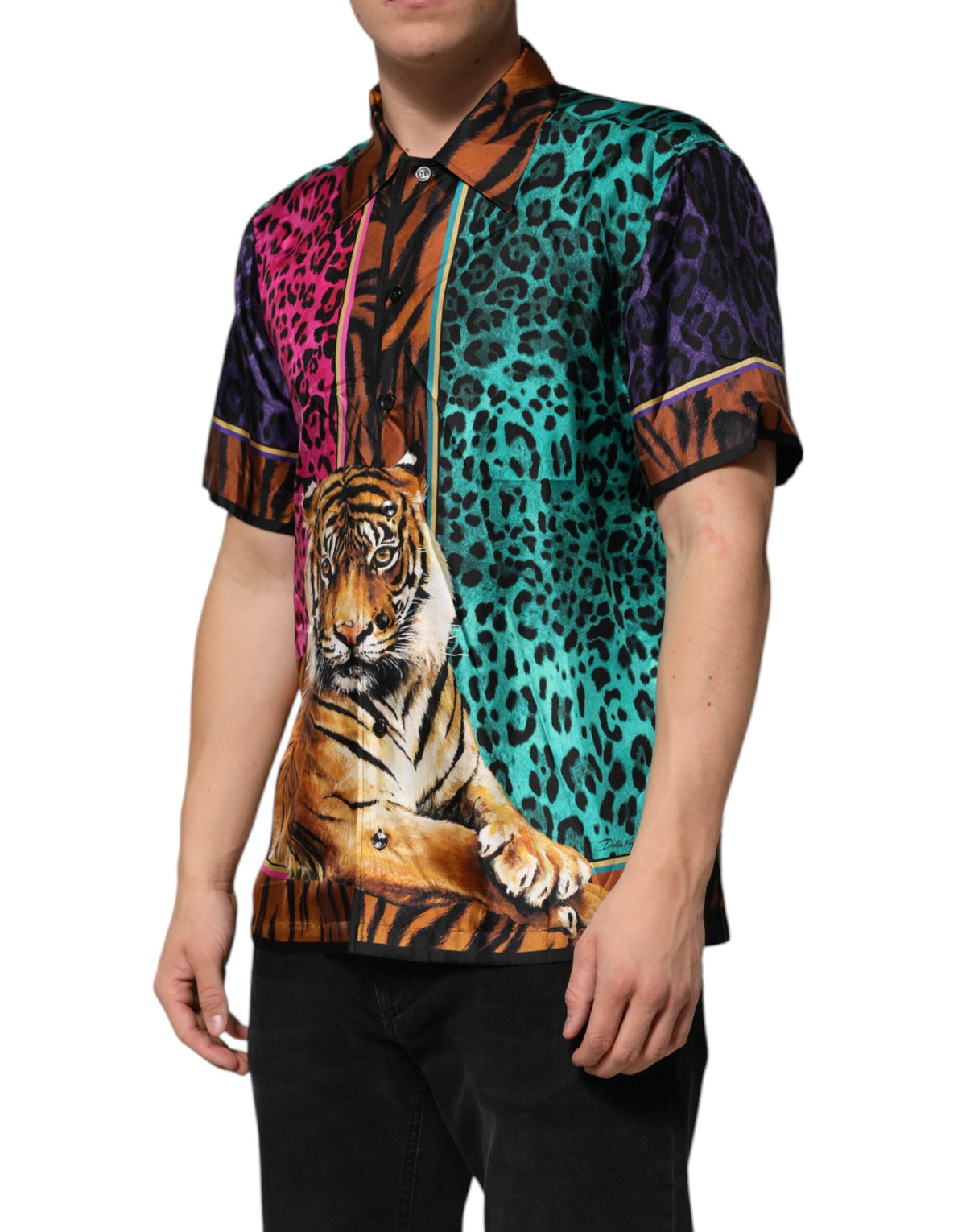 Dolce & Gabbana Mehrfarbiges Tiger-T-Shirt aus Seide mit Hawaii-Print