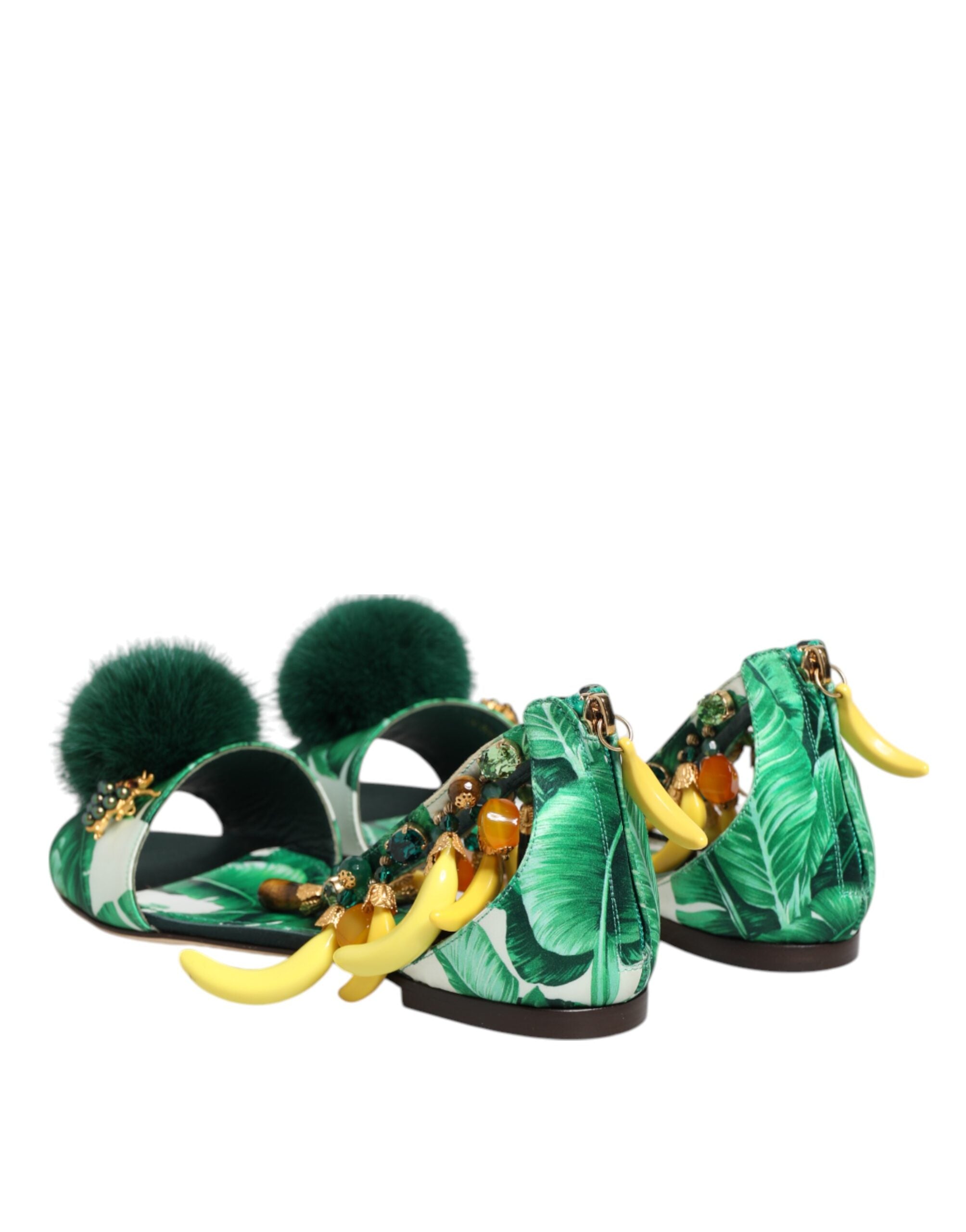 Dolce & Gabbana Grün Nerz Pelz Satin Bananenblatt Sandalen Schuhe