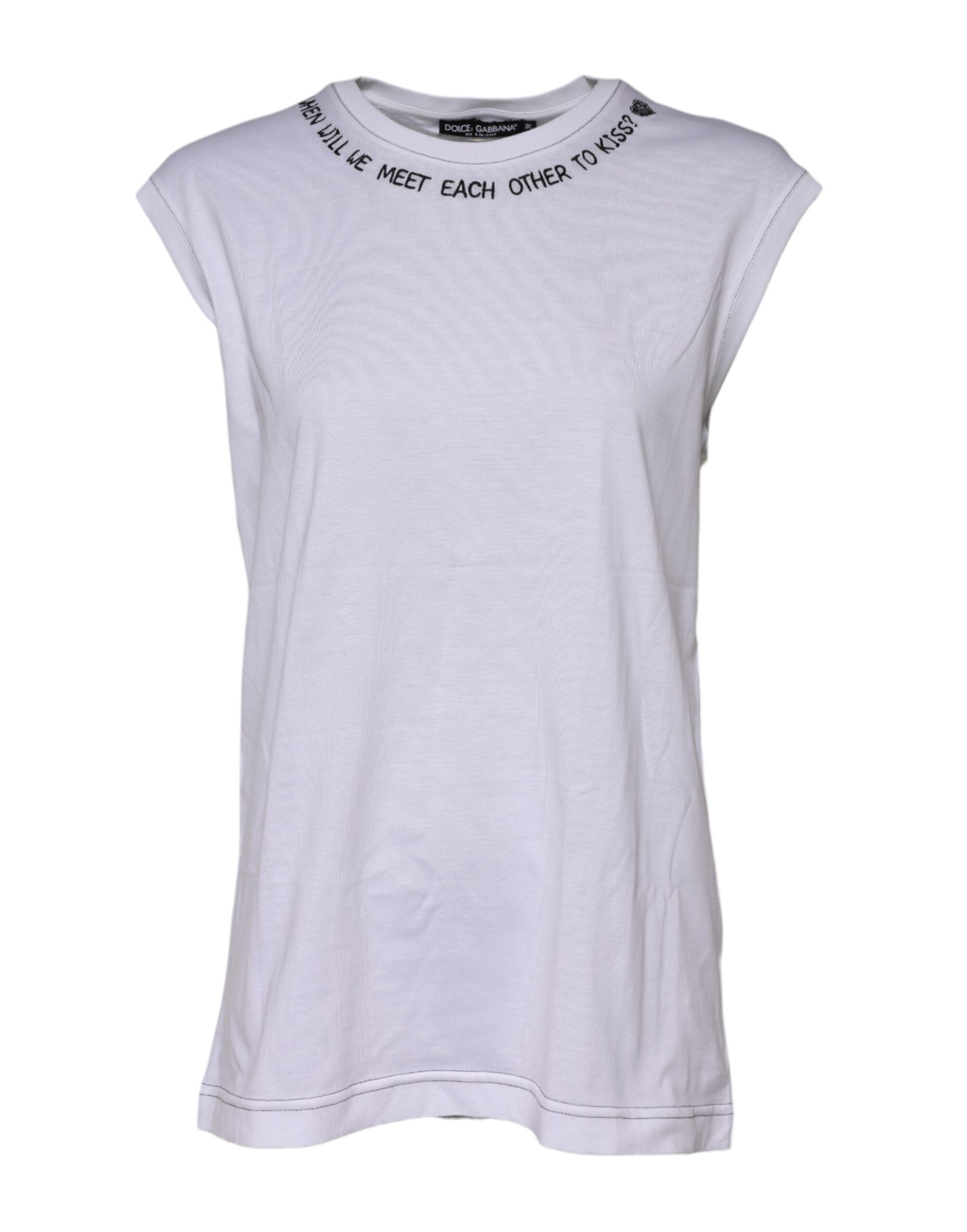 Dolce & Gabbana Weißes ärmelloses bedrucktes Tank-T-Shirt aus Baumwolle