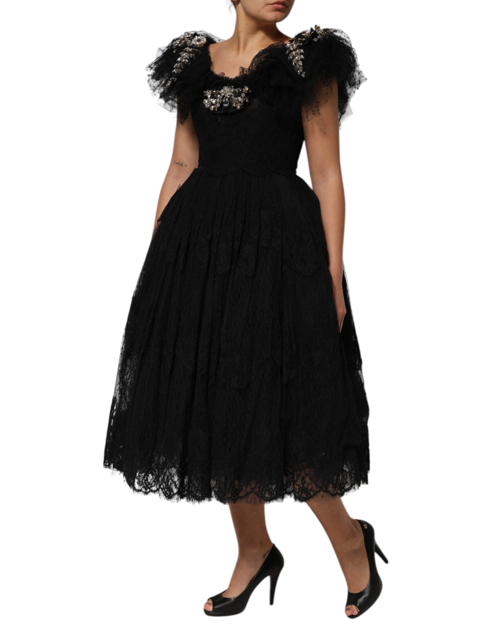 Dolce & Gabbana Schwarzes kristallverziertes Midi Kleid in A-Linie