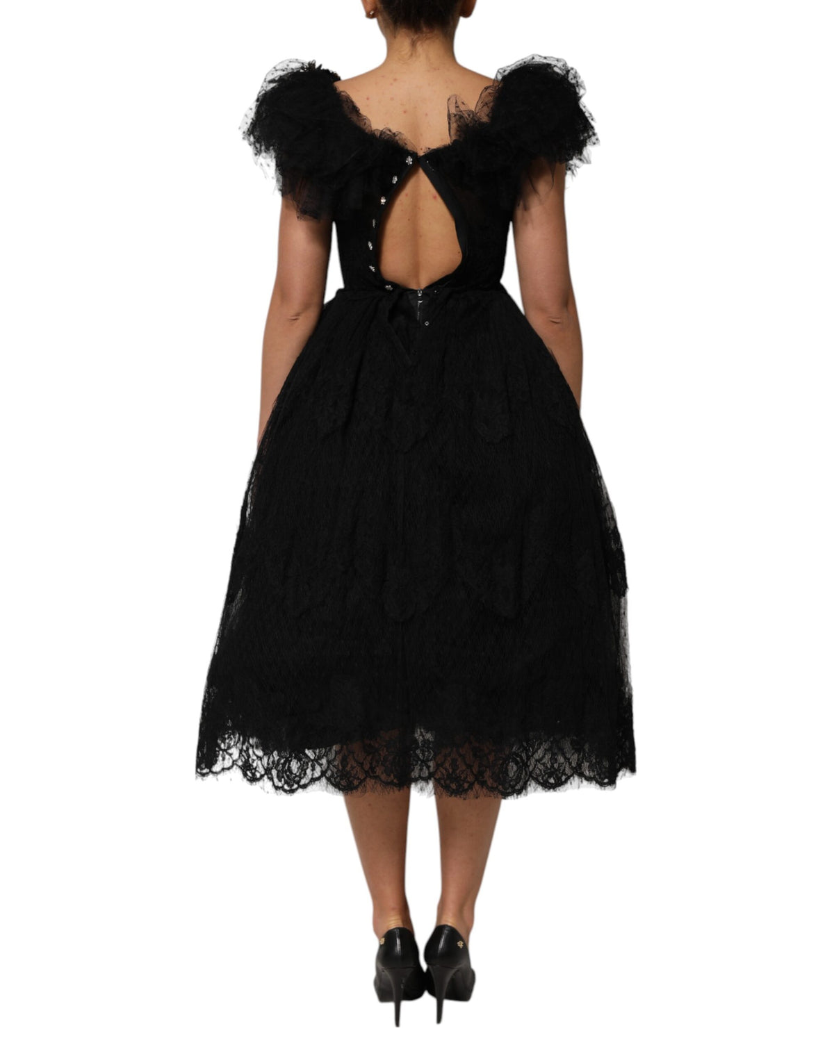 Dolce & Gabbana Schwarzes kristallverziertes Midi Kleid in A-Linie