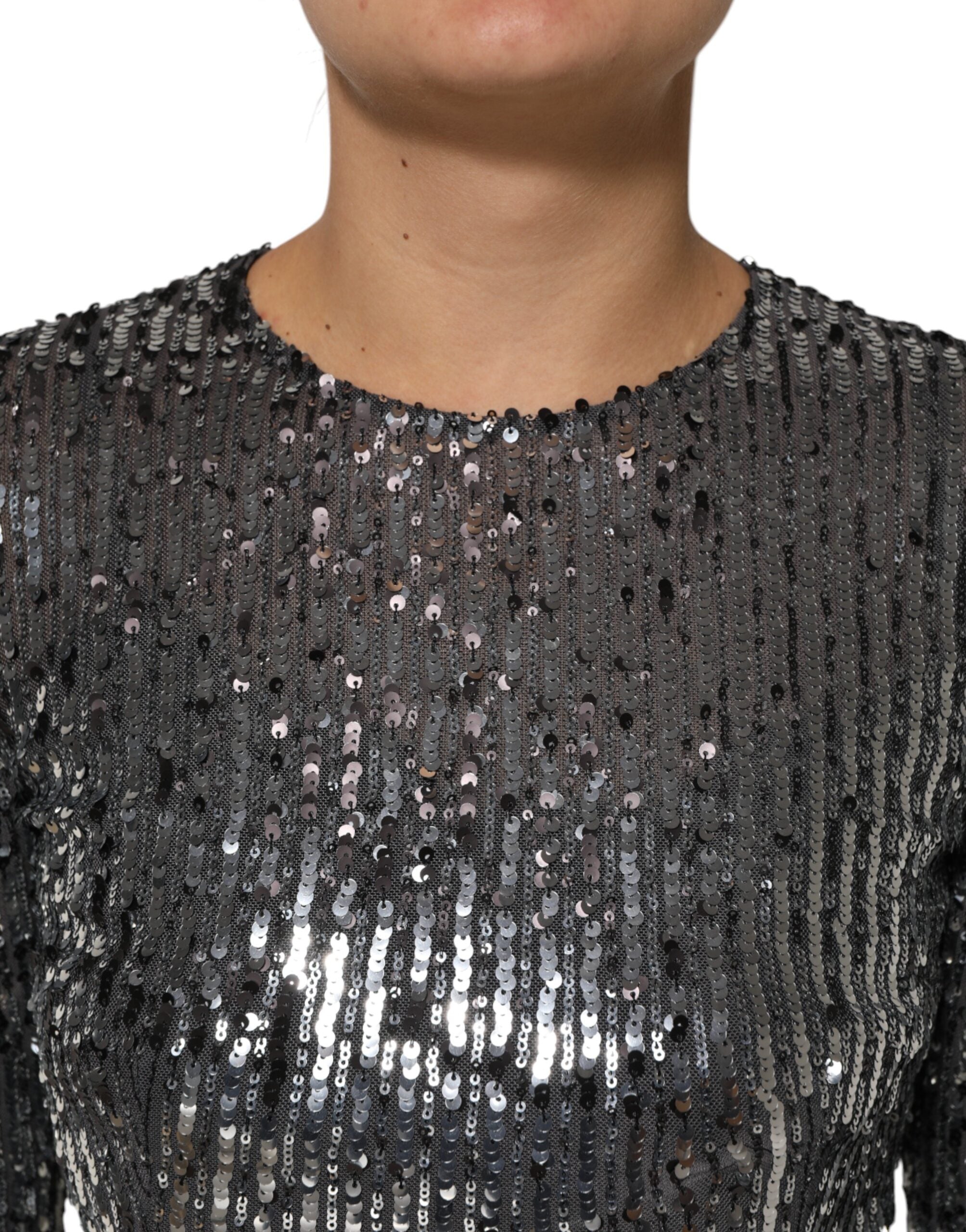 Dolce & Gabbana Schwarzes paillettenbesetztes Midi-Kleid mit langen Ärmeln und A-Linie