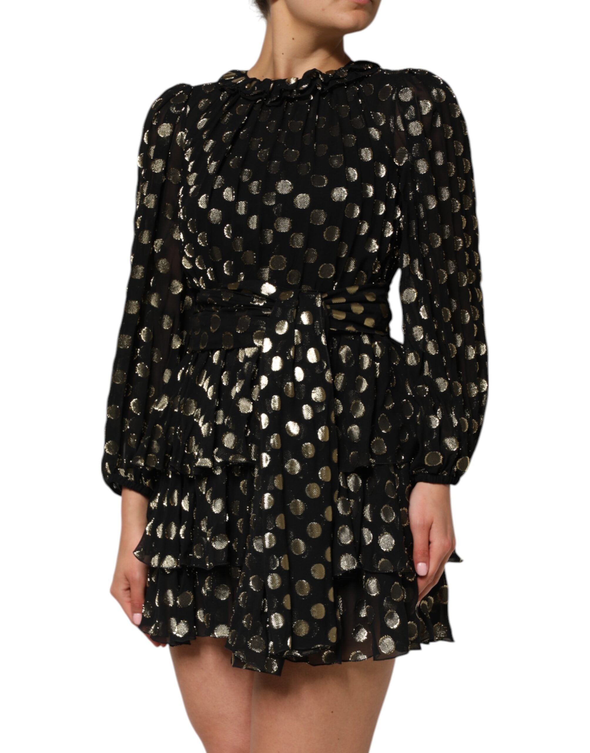 Dolce & Gabbana Schwarz-Gold gepunktetes Minikleid aus Seidenbrokat