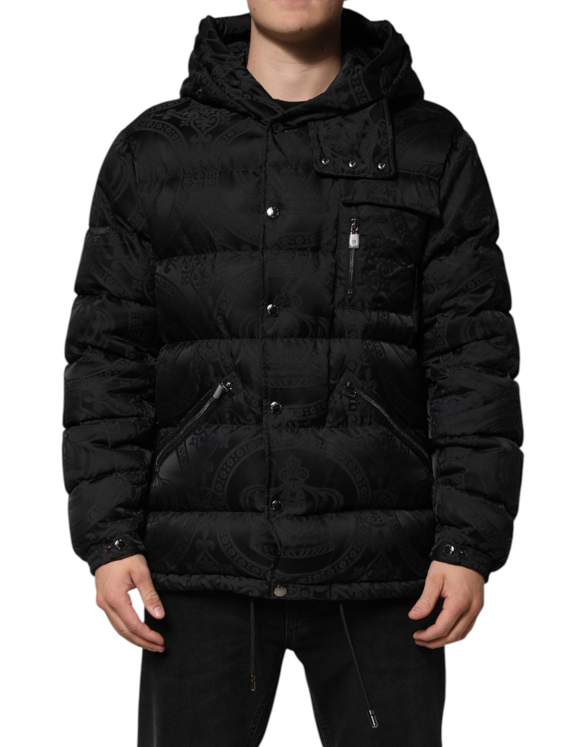 Dolce & Gabbana Schwarze Jacquard-Kapuzenjacke mit Steppmuster