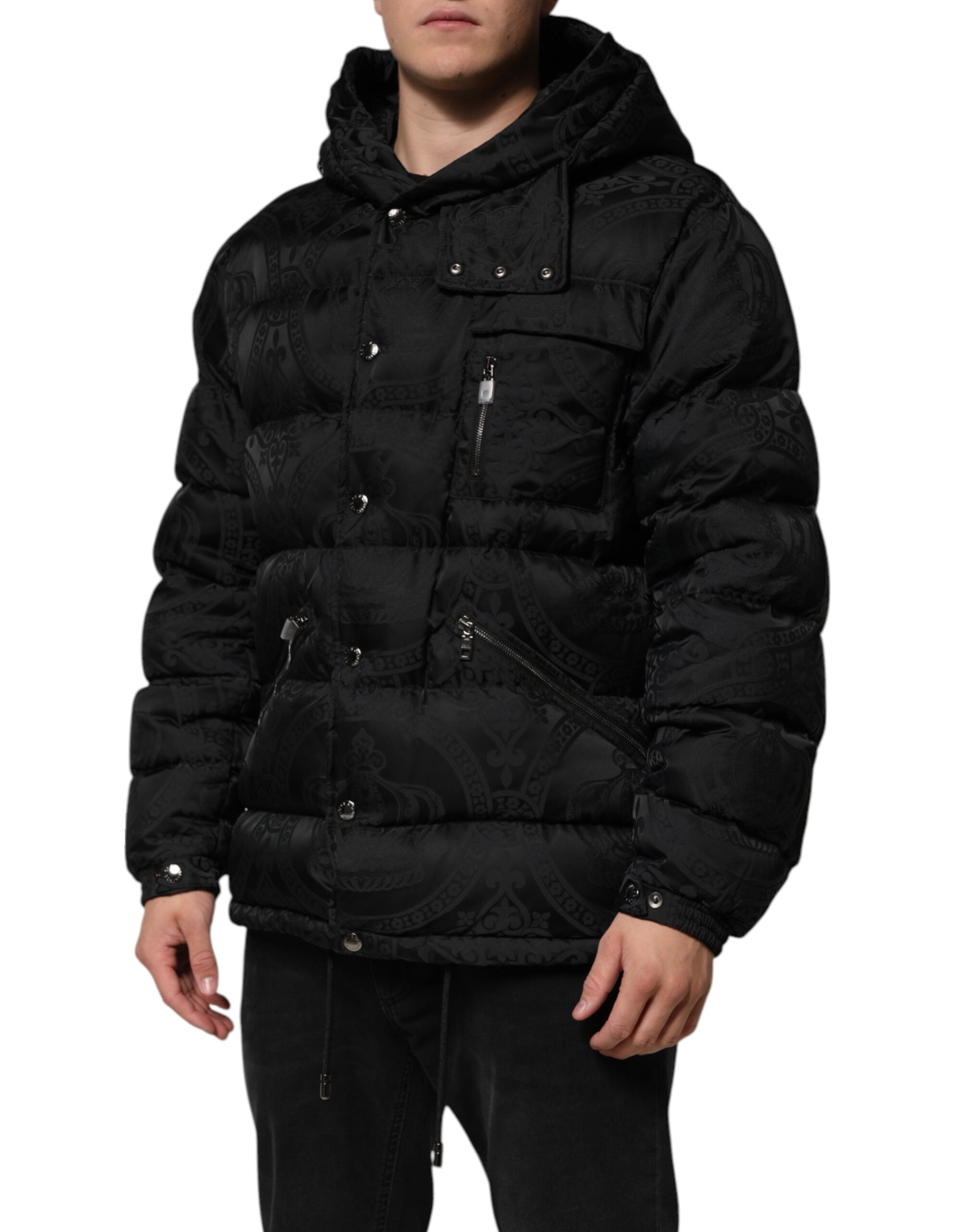 Dolce & Gabbana Schwarze Jacquard-Kapuzenjacke mit Steppmuster
