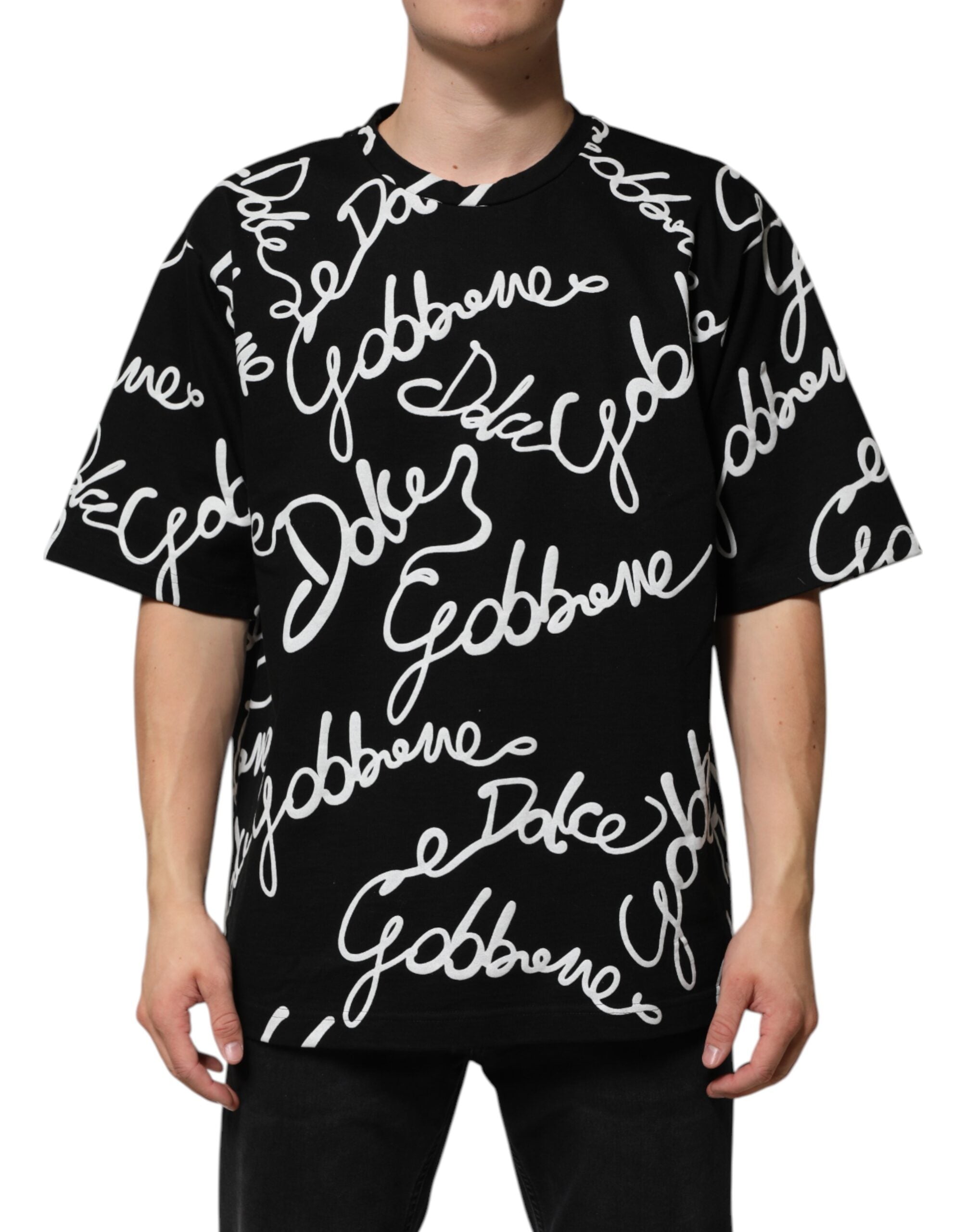 Dolce & Gabbana Schwarzes Baumwoll-T-Shirt mit Rundhalsausschnitt und Logo-Print