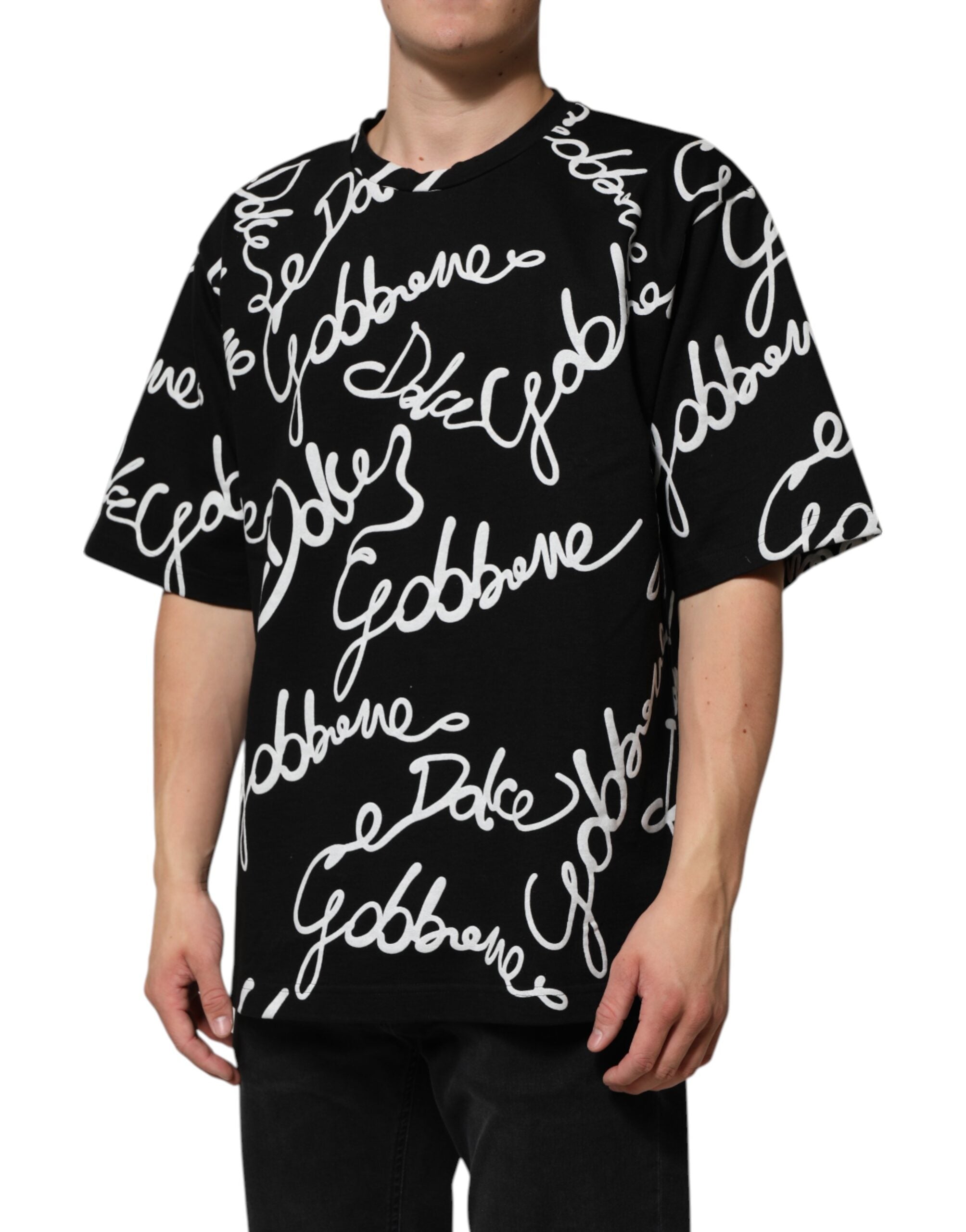 Dolce & Gabbana Schwarzes Baumwoll-T-Shirt mit Rundhalsausschnitt und Logo-Print