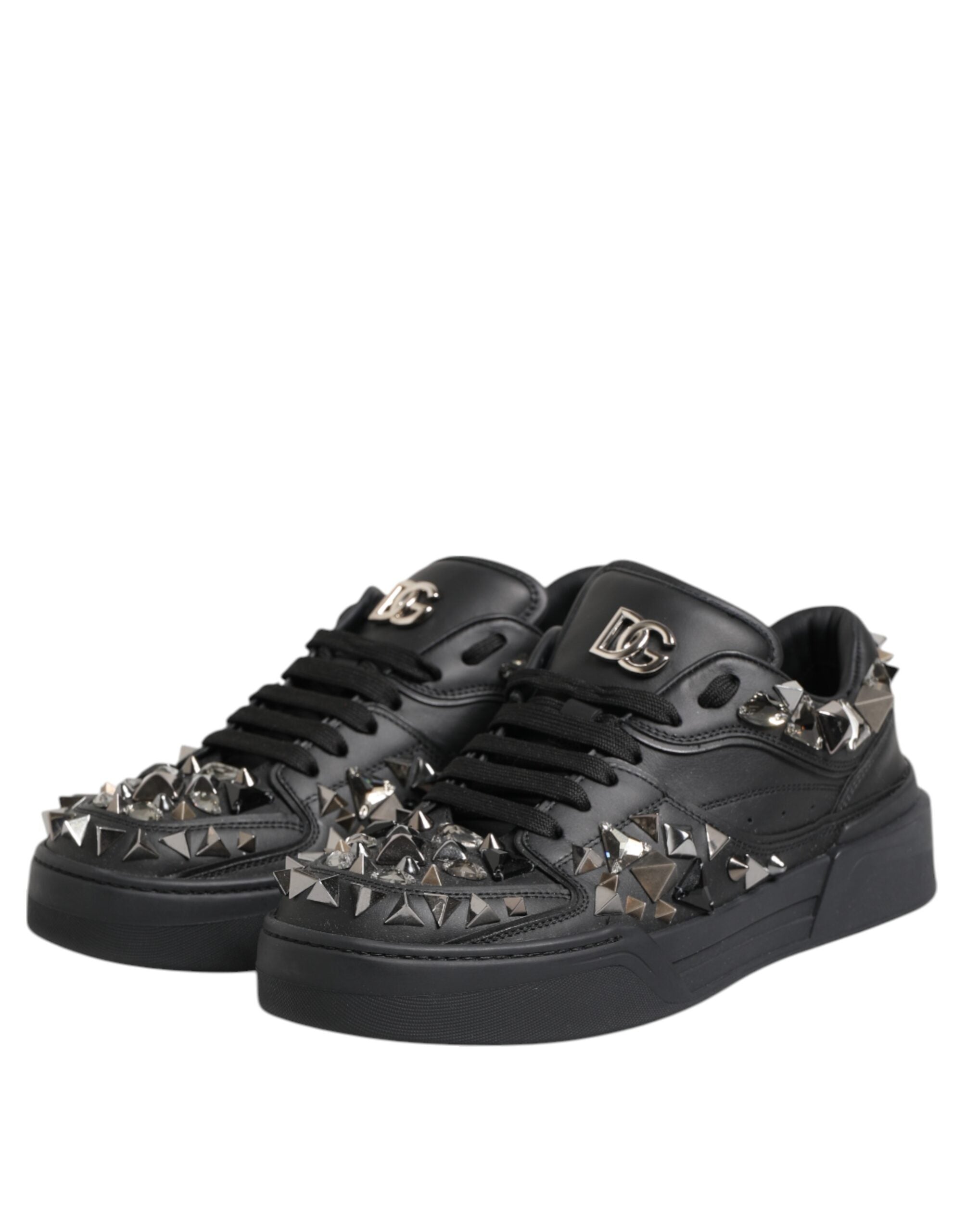 Dolce & Gabbana Schwarze Leder Nieten Low Top Sneakers Schuhe