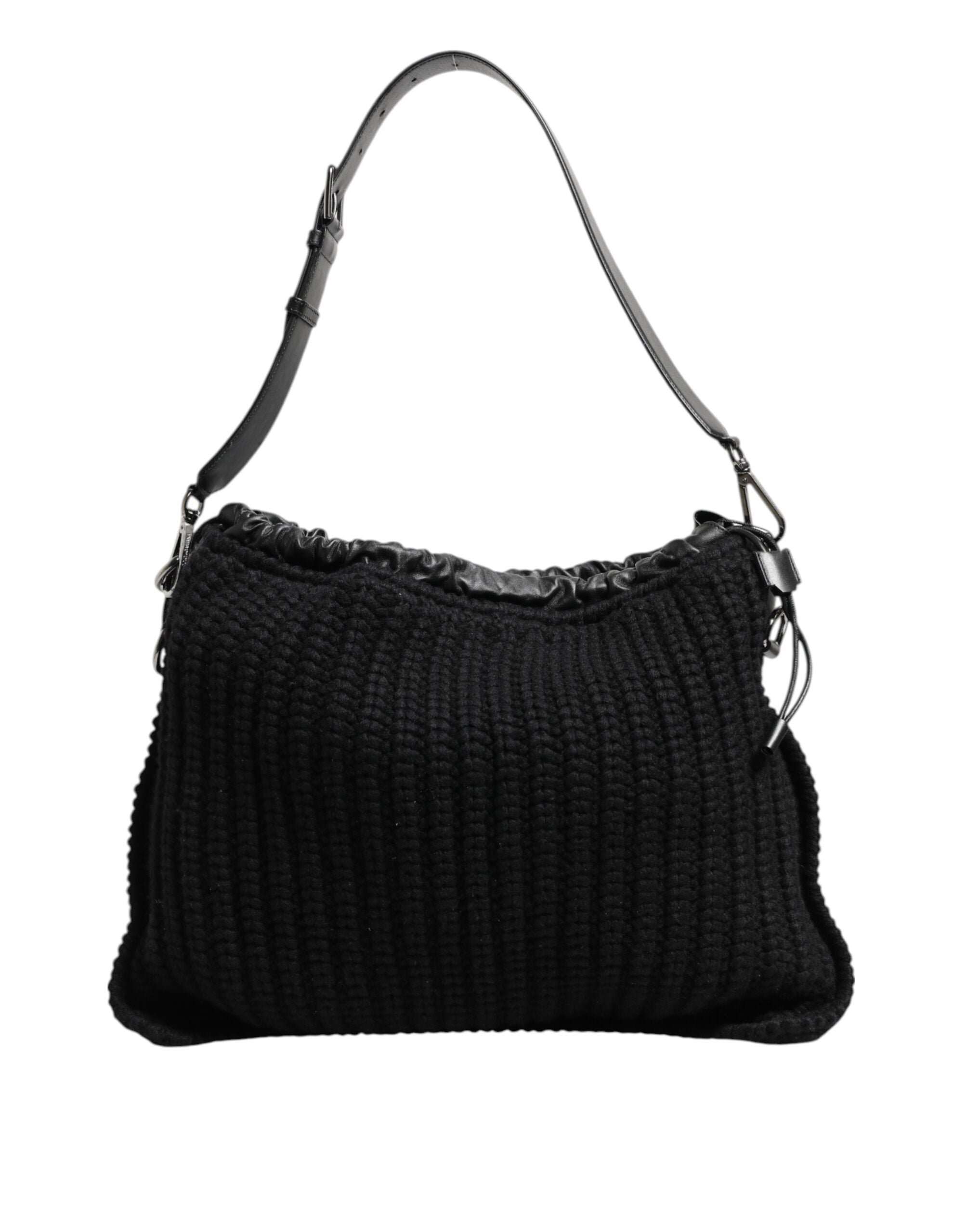 Dolce & Gabbana Schwarz Kaschmir gestrickt Leder Schulter Frauen Borse Tasche