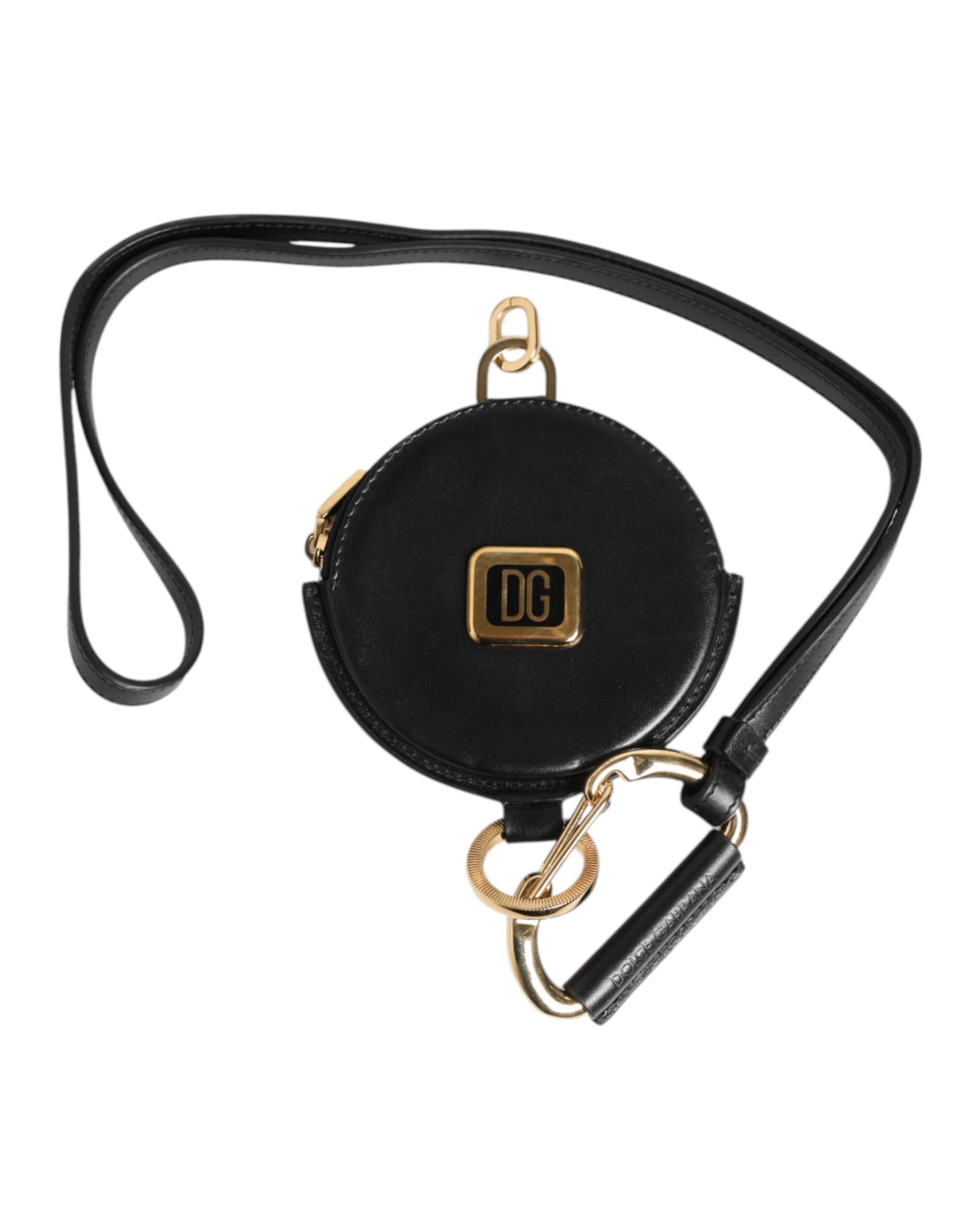 Dolce & Gabbana Schwarzes rundes Leder DG Logo Münzgeldbörse Lanyard Wallet