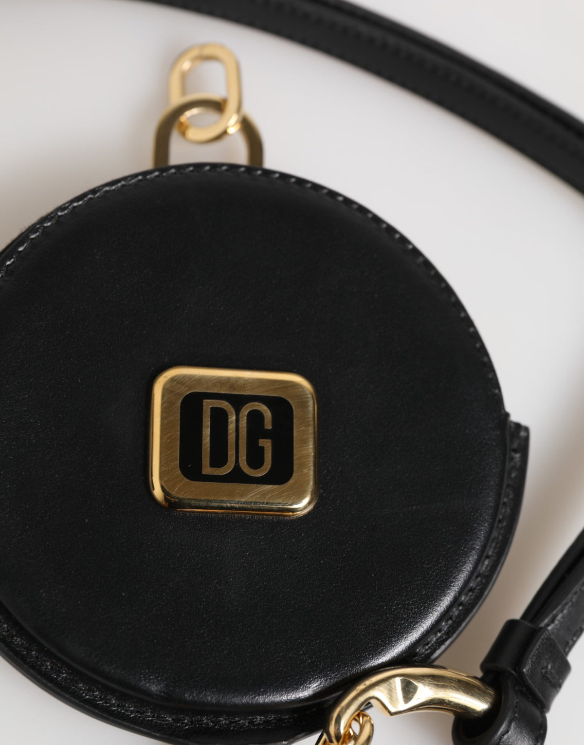 Dolce & Gabbana Schwarzes rundes Leder DG Logo Münzgeldbörse Lanyard Wallet
