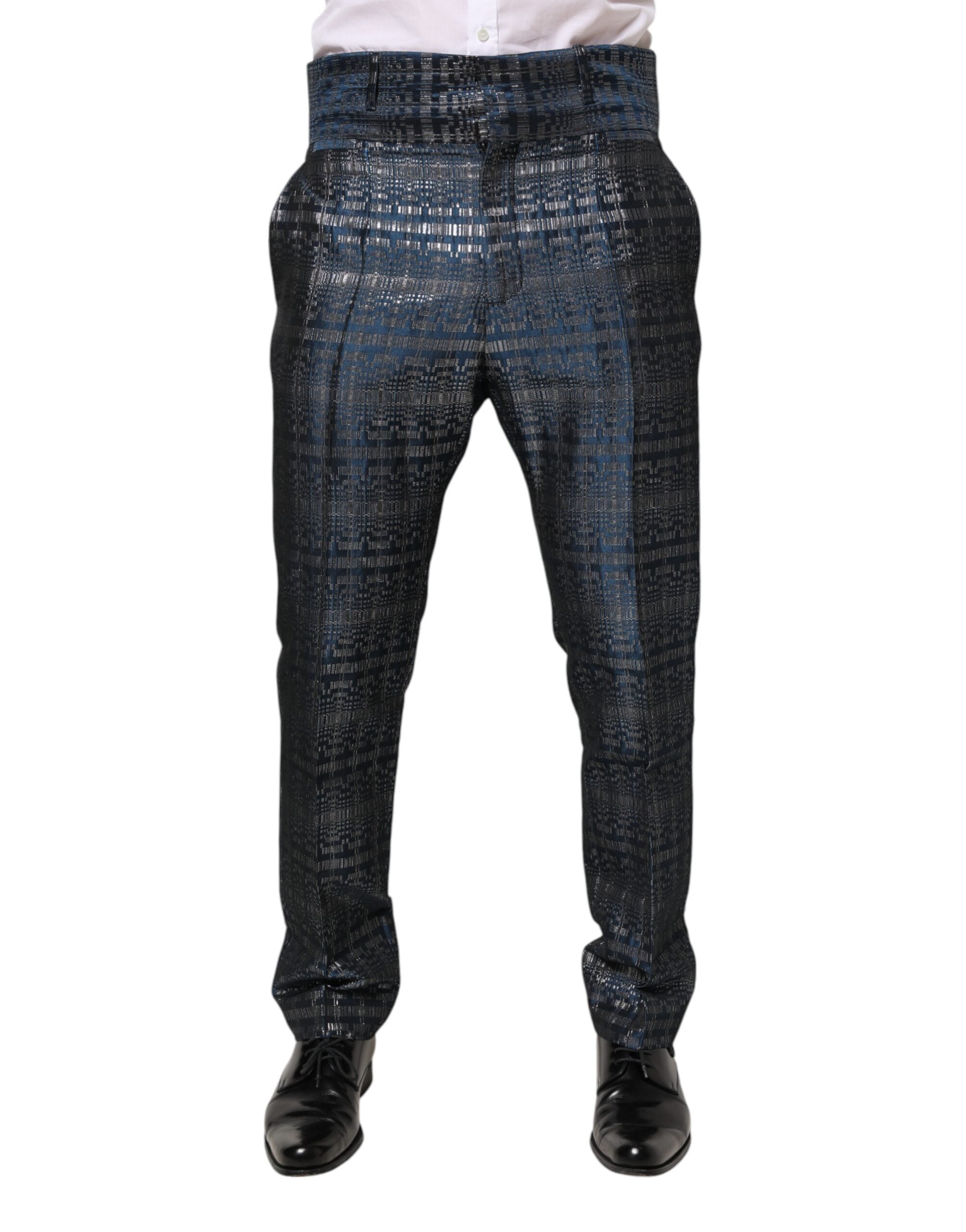 Dolce & Gabbana Blau Silber Glänzende Seide Skinny Männer Hosen Hosen