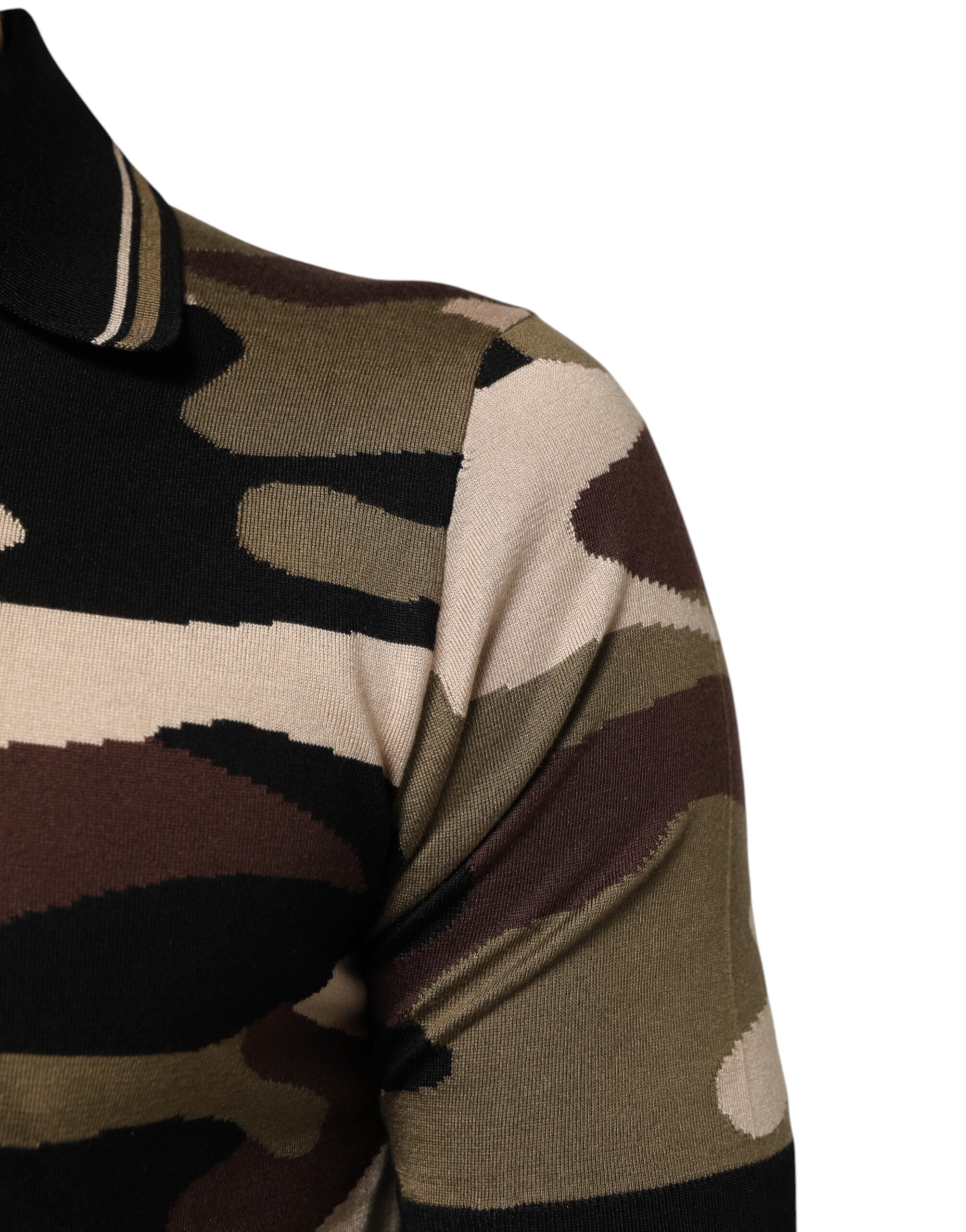 Dolce & Gabbana Camouflage Braunes Seiden-Militär-Polo-T-Shirt