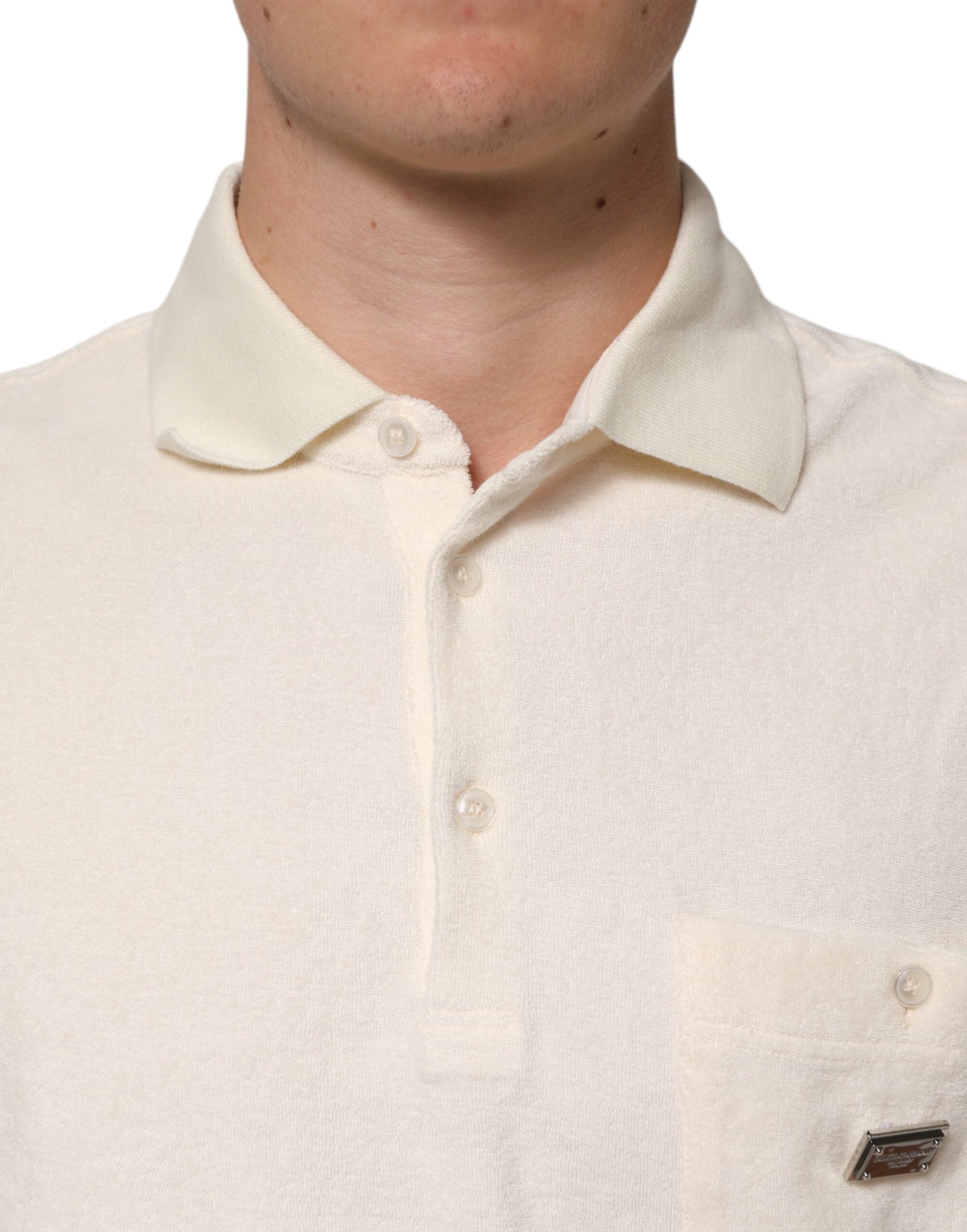 Dolce & Gabbana Elfenbeinfarbenes Logo-Polo-T-Shirt aus Baumwollfrottee