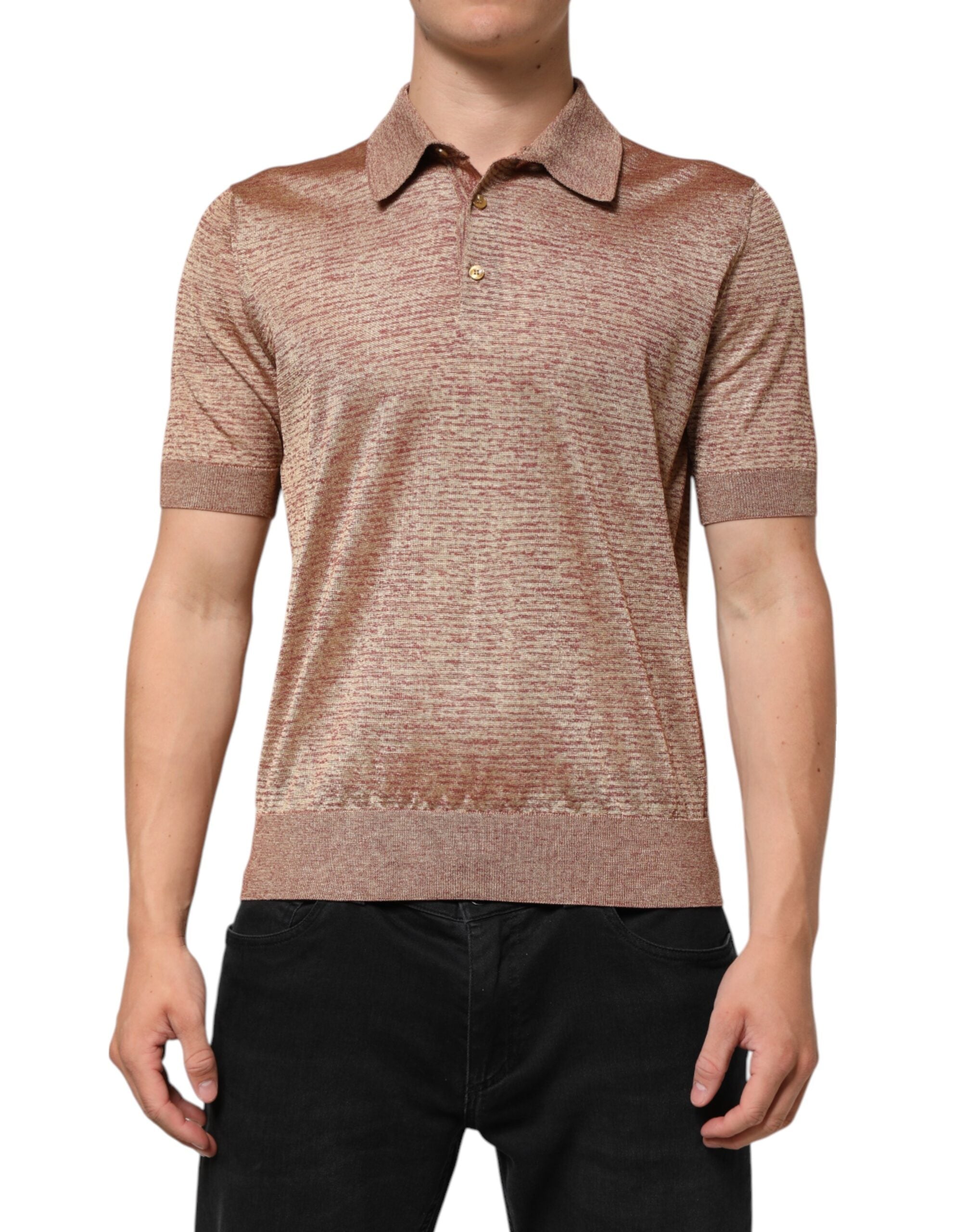 Dolce & Gabbana Braunes kurzärmeliges Polo-Shirt aus strukturierter Seide