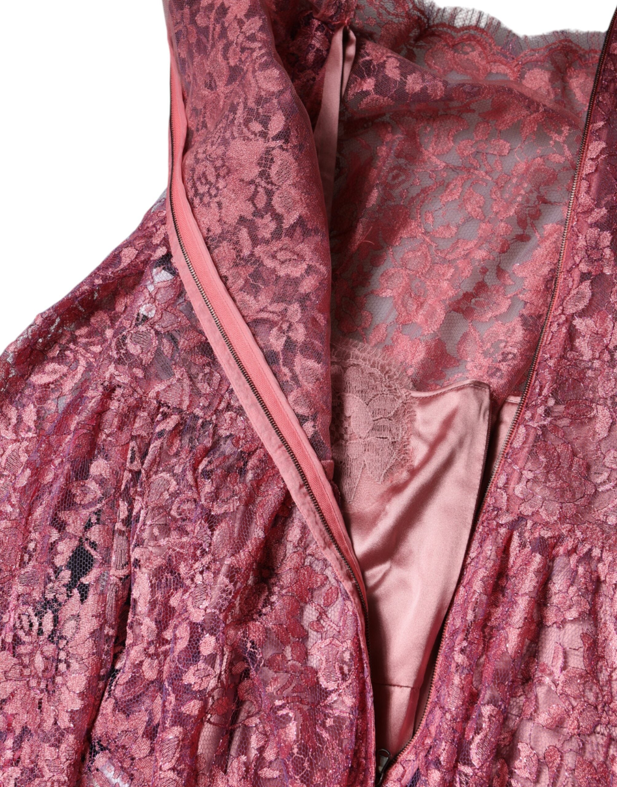 Dolce & Gabbana Rosa geblümtes langärmeliges Midikleid aus Spitze
