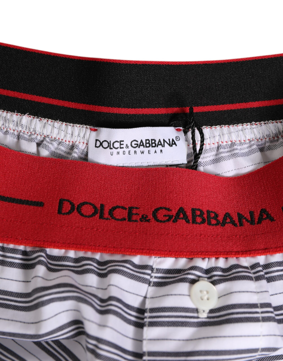 Dolce & Gabbana Weiß gestreifte Baumwollshorts mit rotem Bund Bademode