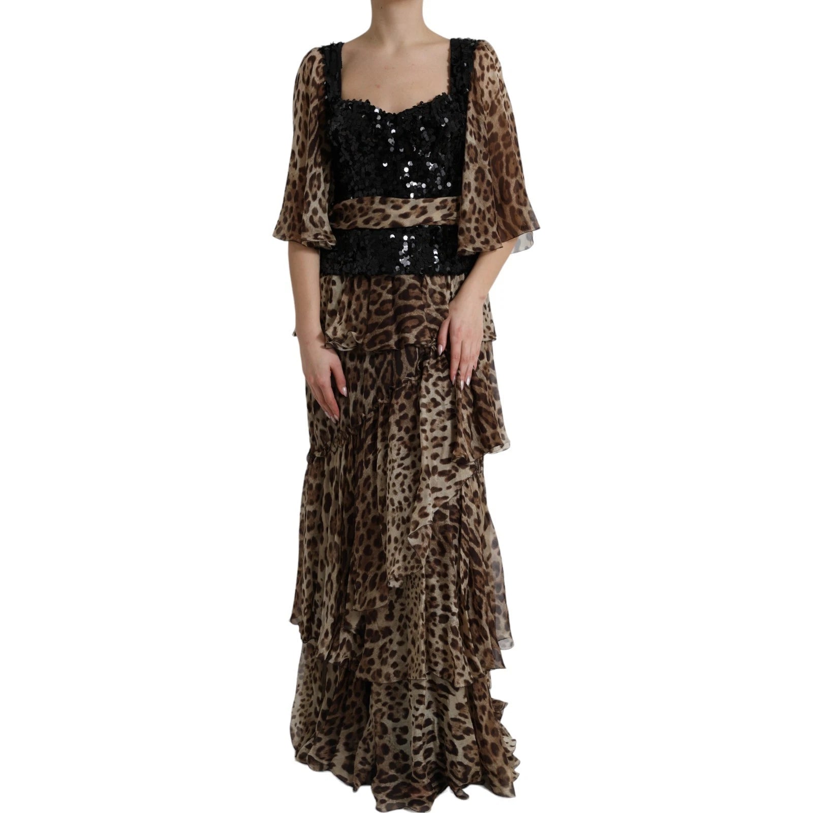 Dolce & Gabbana Leopardenmuster Seidenpailletten-Rüschen-Maxikleid