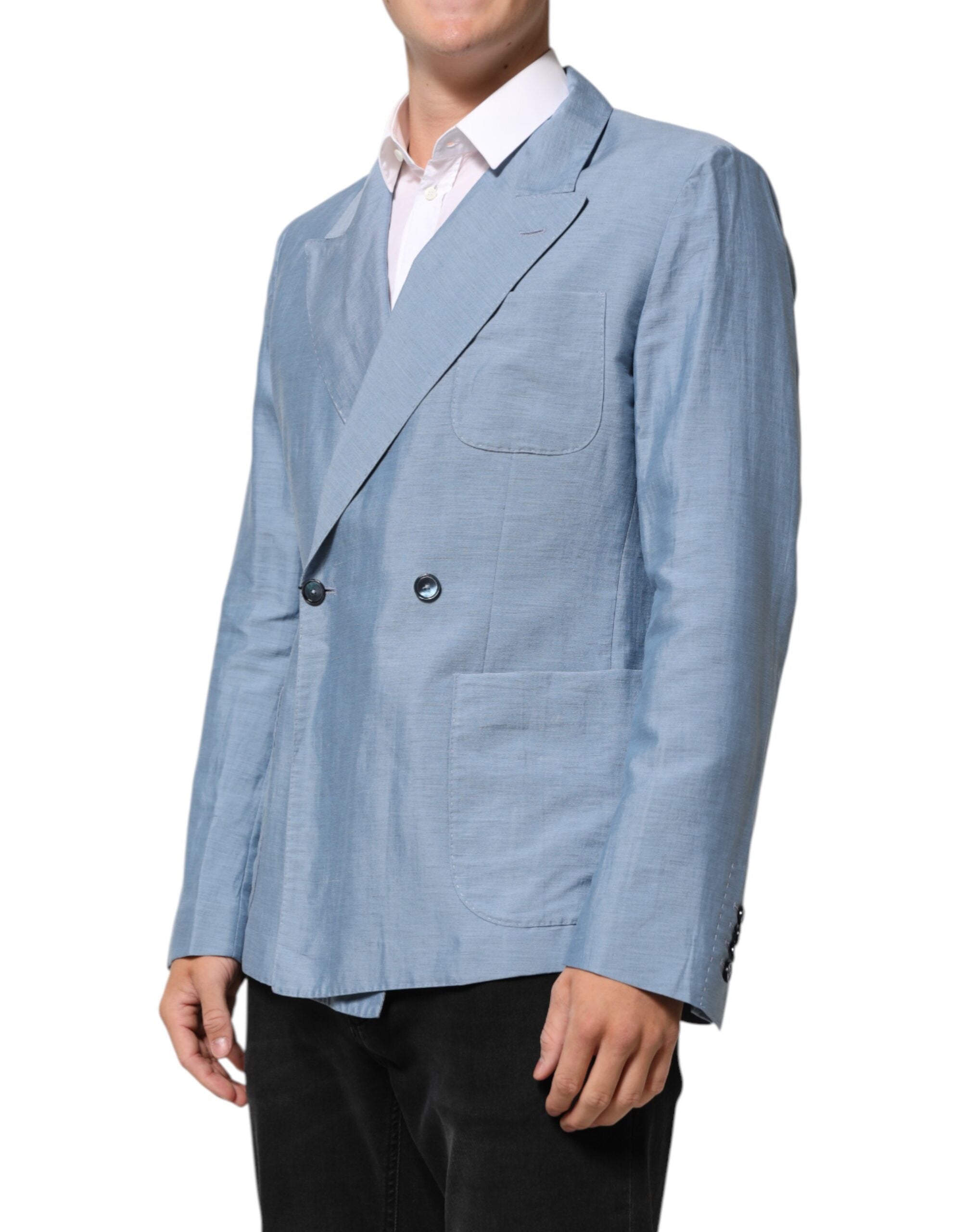 Dolce & Gabbana Hellblaue Leinen Doppelreiher Herrenjacke Blazer