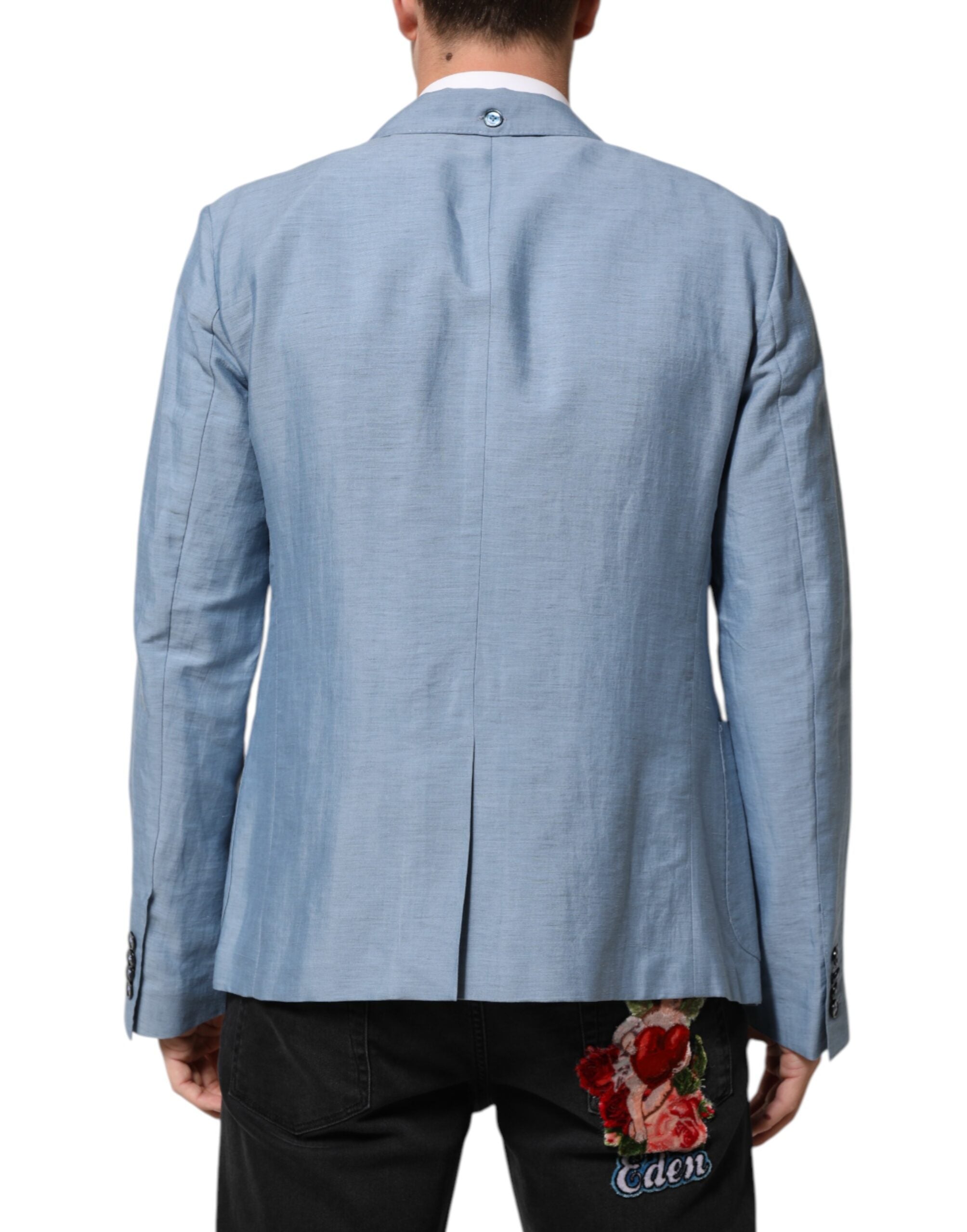 Dolce & Gabbana Hellblaue Leinen Doppelreiher Herrenjacke Blazer