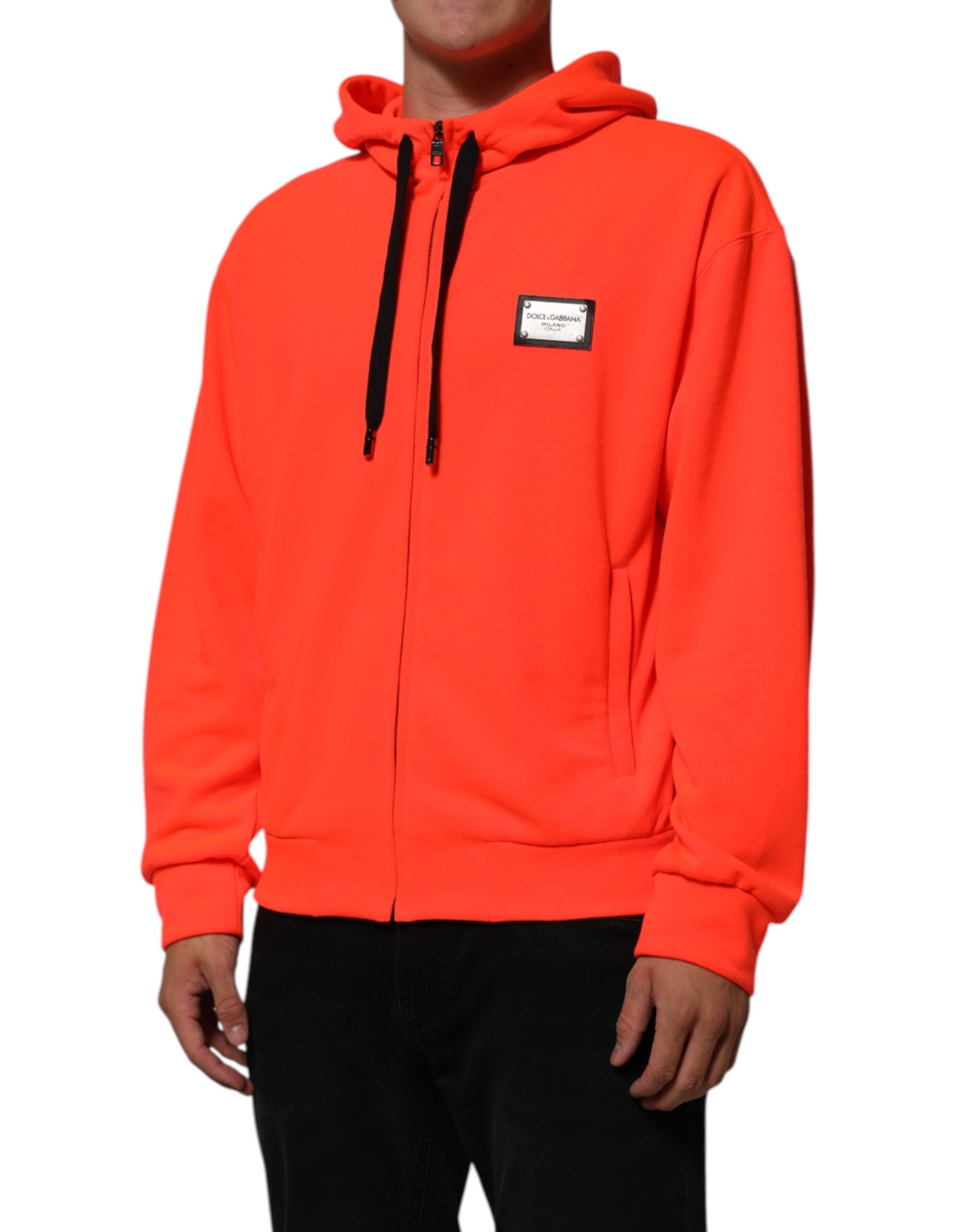 Dolce & Gabbana Roter fluoreszierender Polyester-Logo-Patch-Kapuzenpullover