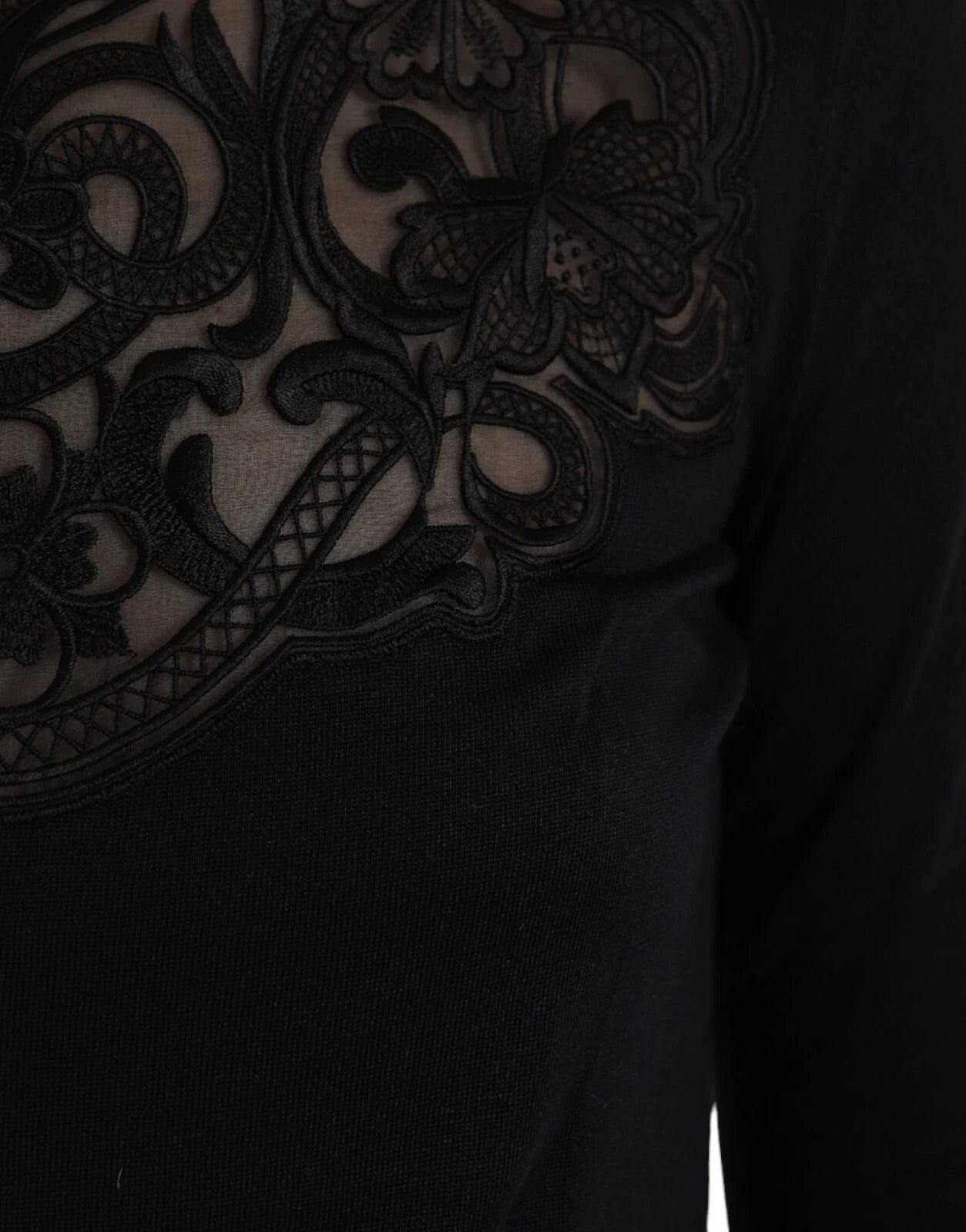 Dolce & Gabbana Schwarzes Seidenblusentop mit Spitzenbesatz und langen Ärmeln