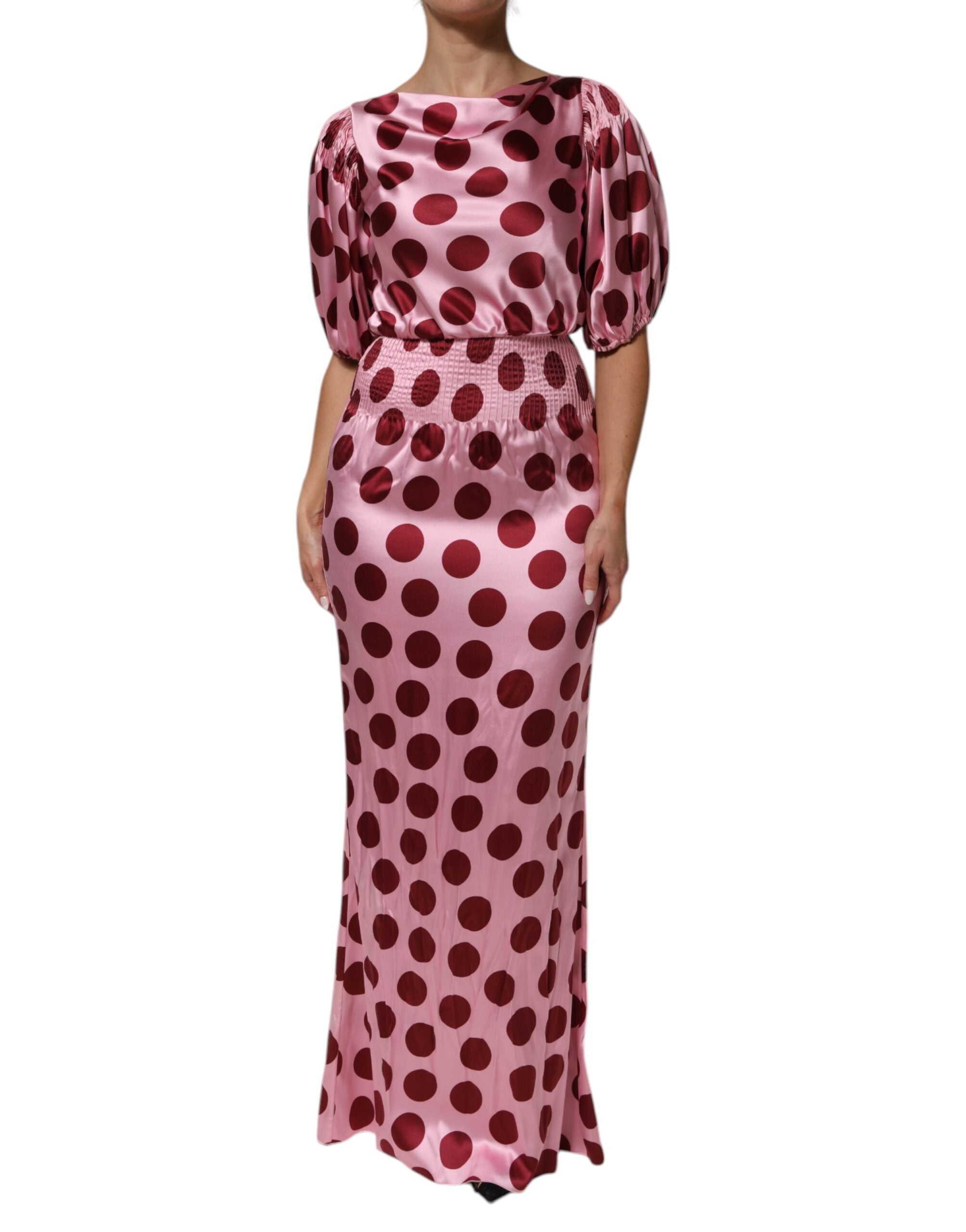 Dolce & Gabbana Rosa-rot gepunktetes Seiden-Satin-Maxi-Kleid