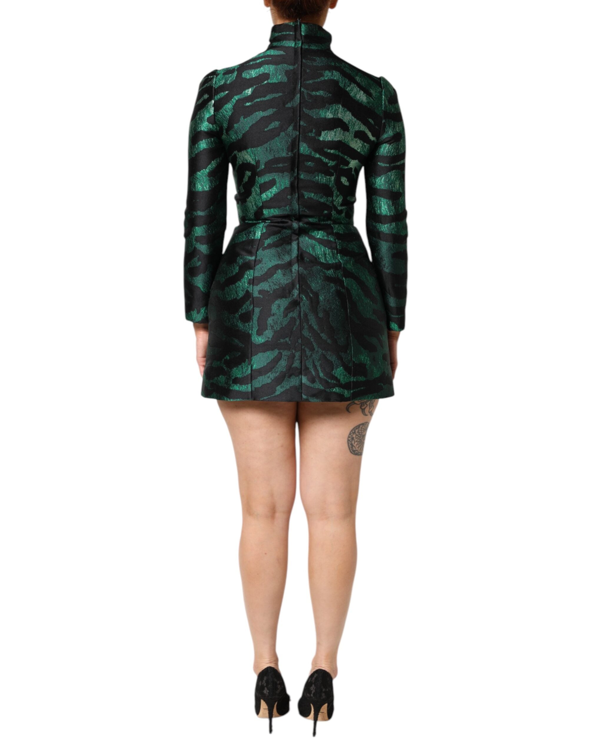 Dolce & Gabbana Schwarz Grün Metallic Jacquard Mini Long Dress