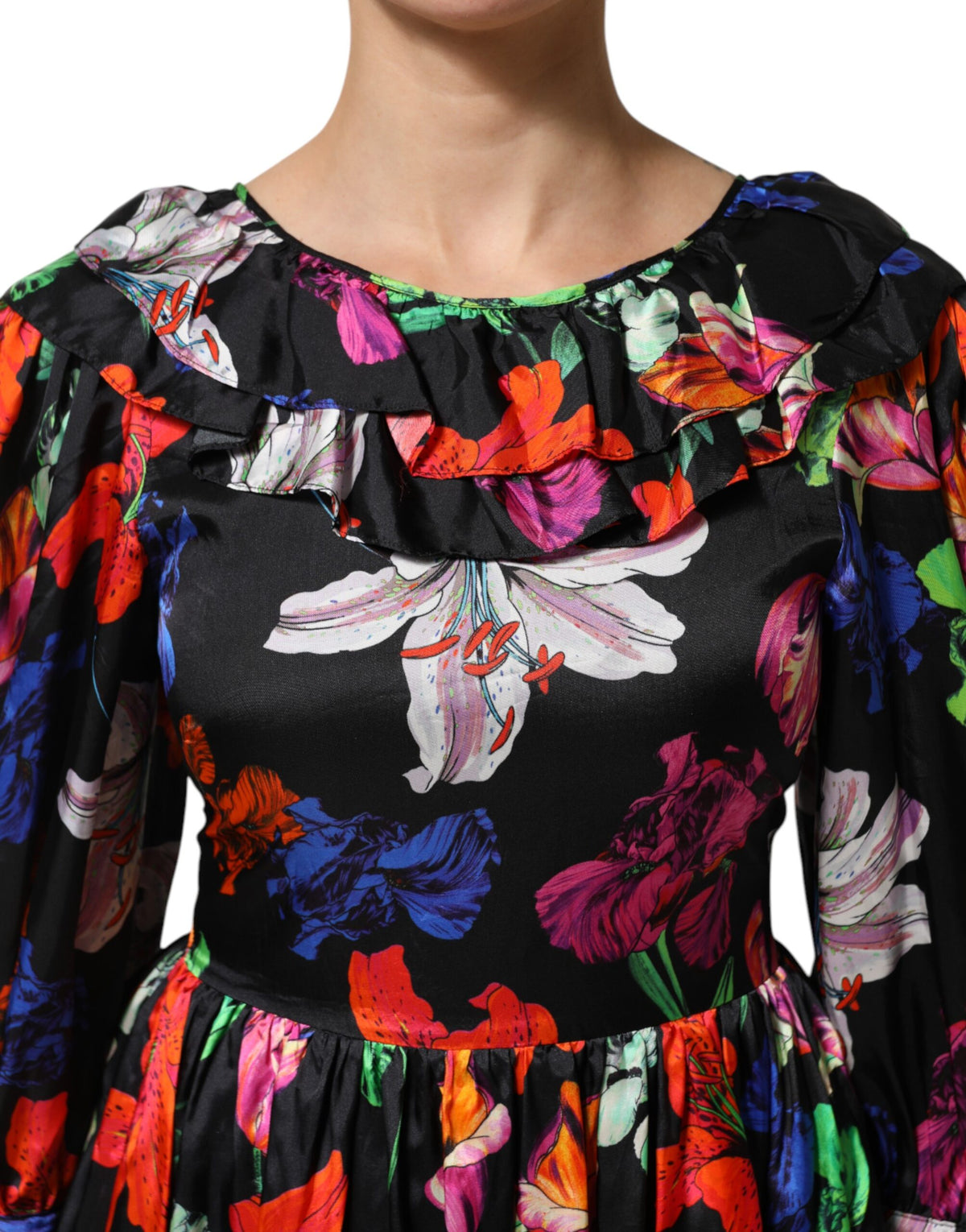 MSGM Kleid Schwarz Multicolor Floral Ruffle Long Sleeve Mini Dress