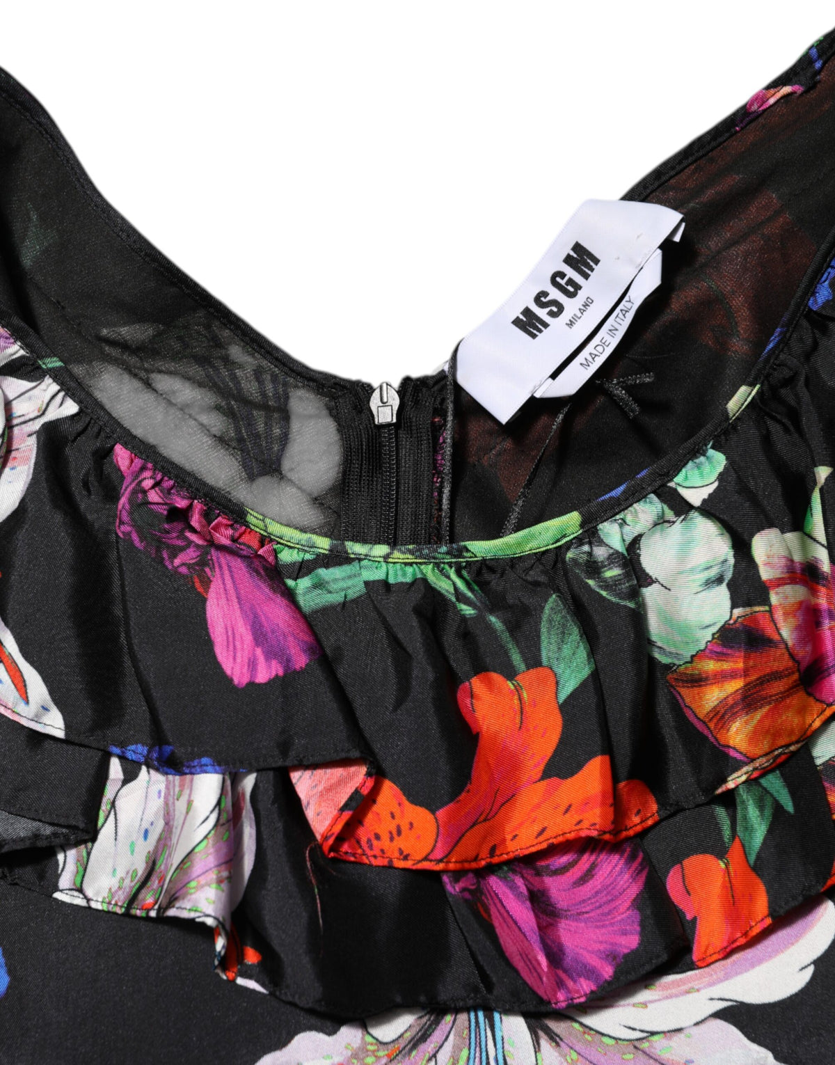 MSGM Kleid Schwarz Multicolor Floral Ruffle Long Sleeve Mini Dress
