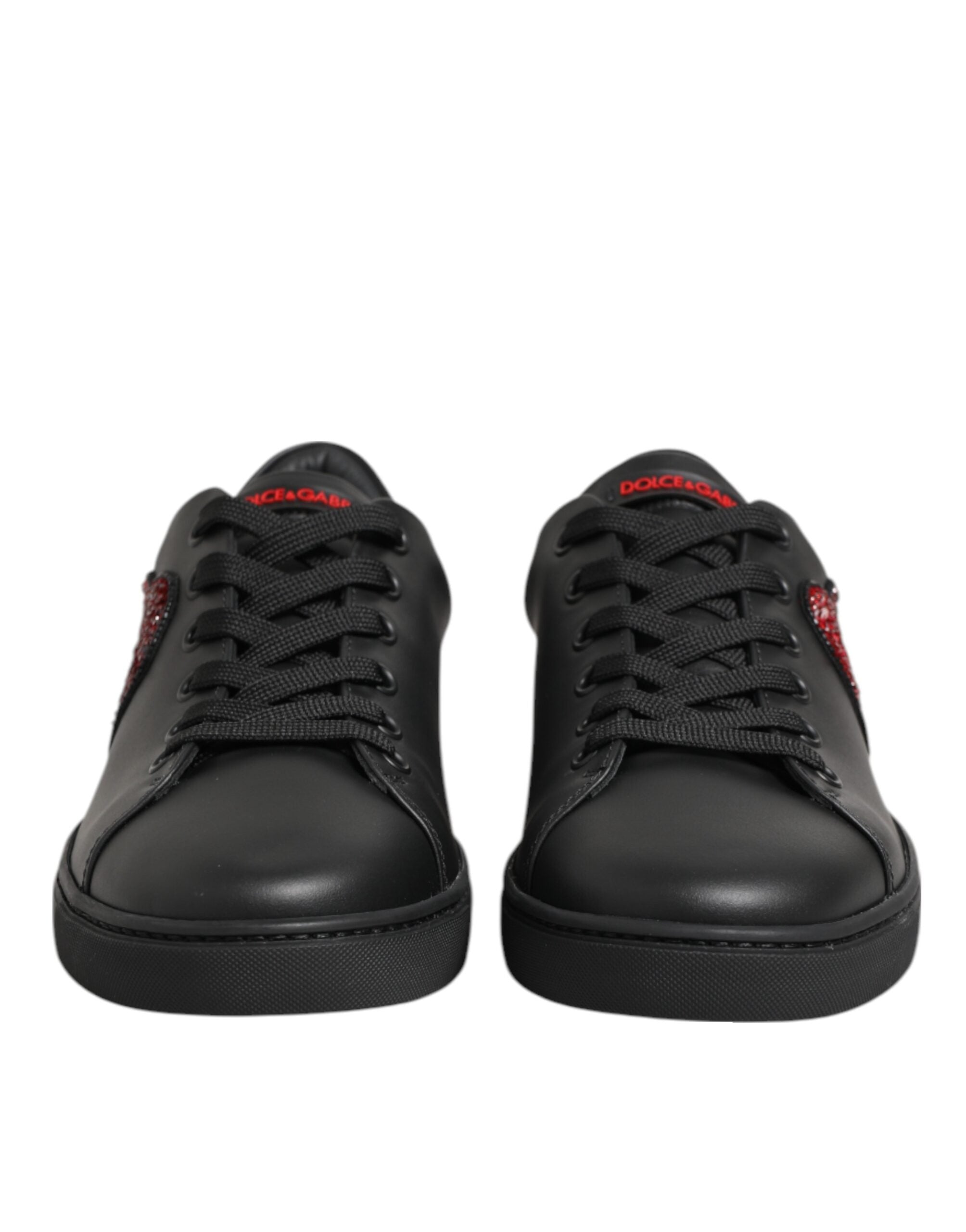 Dolce & Gabbana Schwarz Leder Crystal Heart Low Top Sneakers Schuhe