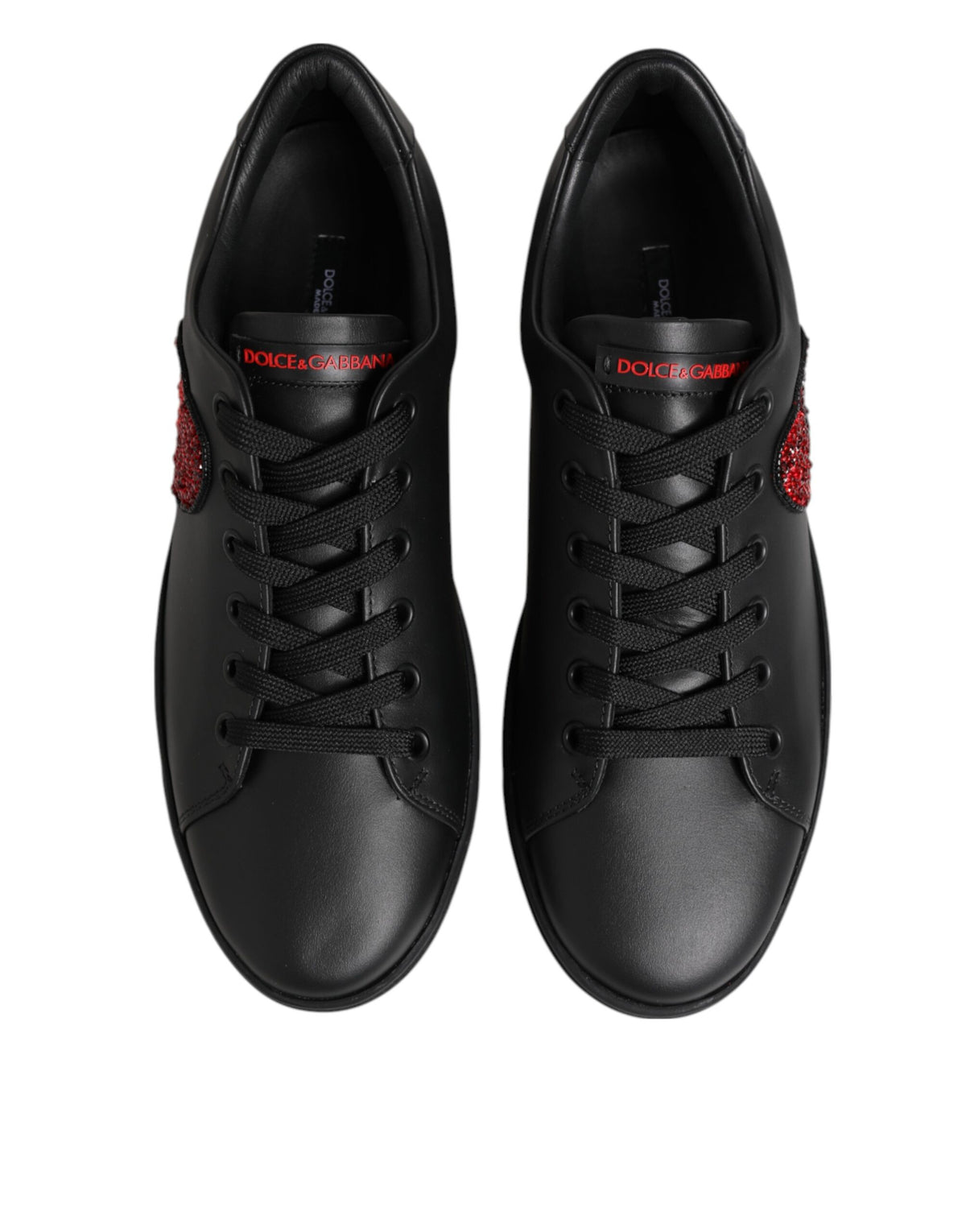 Dolce & Gabbana Schwarz Leder Crystal Heart Low Top Sneakers Schuhe