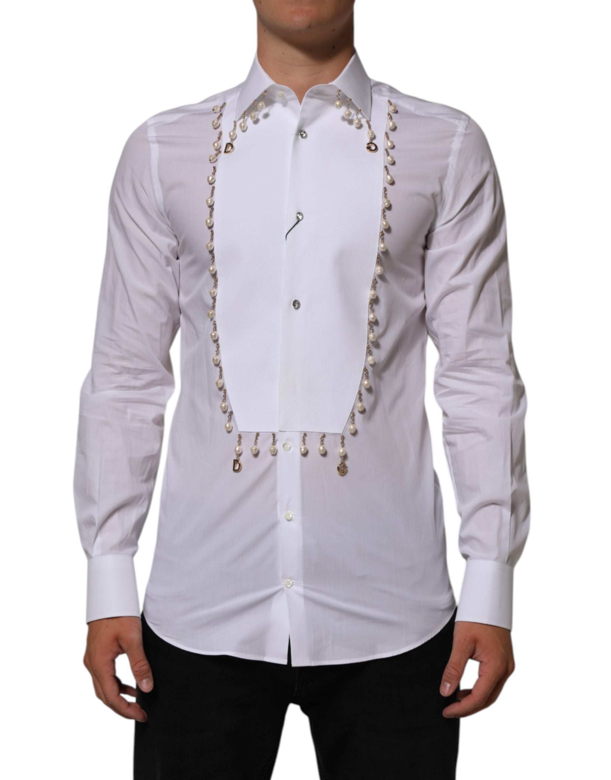 Dolce & Gabbana Weißes DG-Logo-Perlen-GOLD-Hemd aus Baumwolle für den formellen Anlass