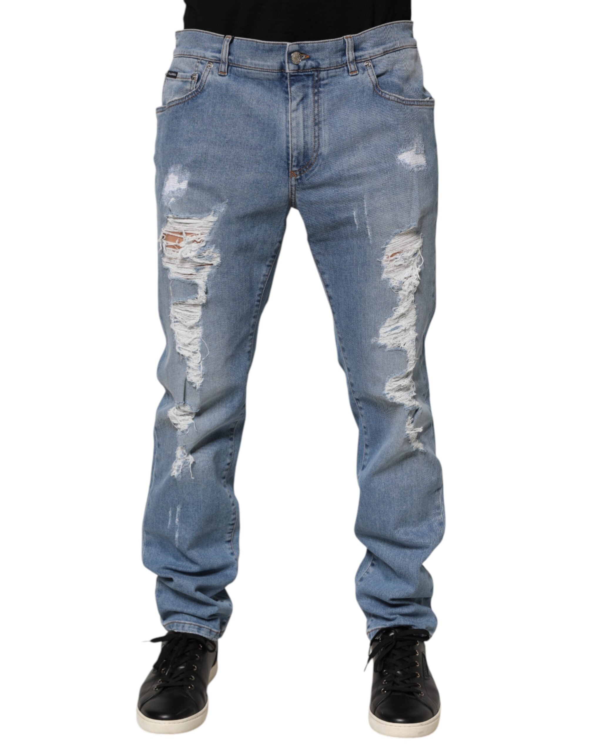 Dolce & Gabbana Blaue zerrissene Slim Fit Jeans aus Baumwolldenim